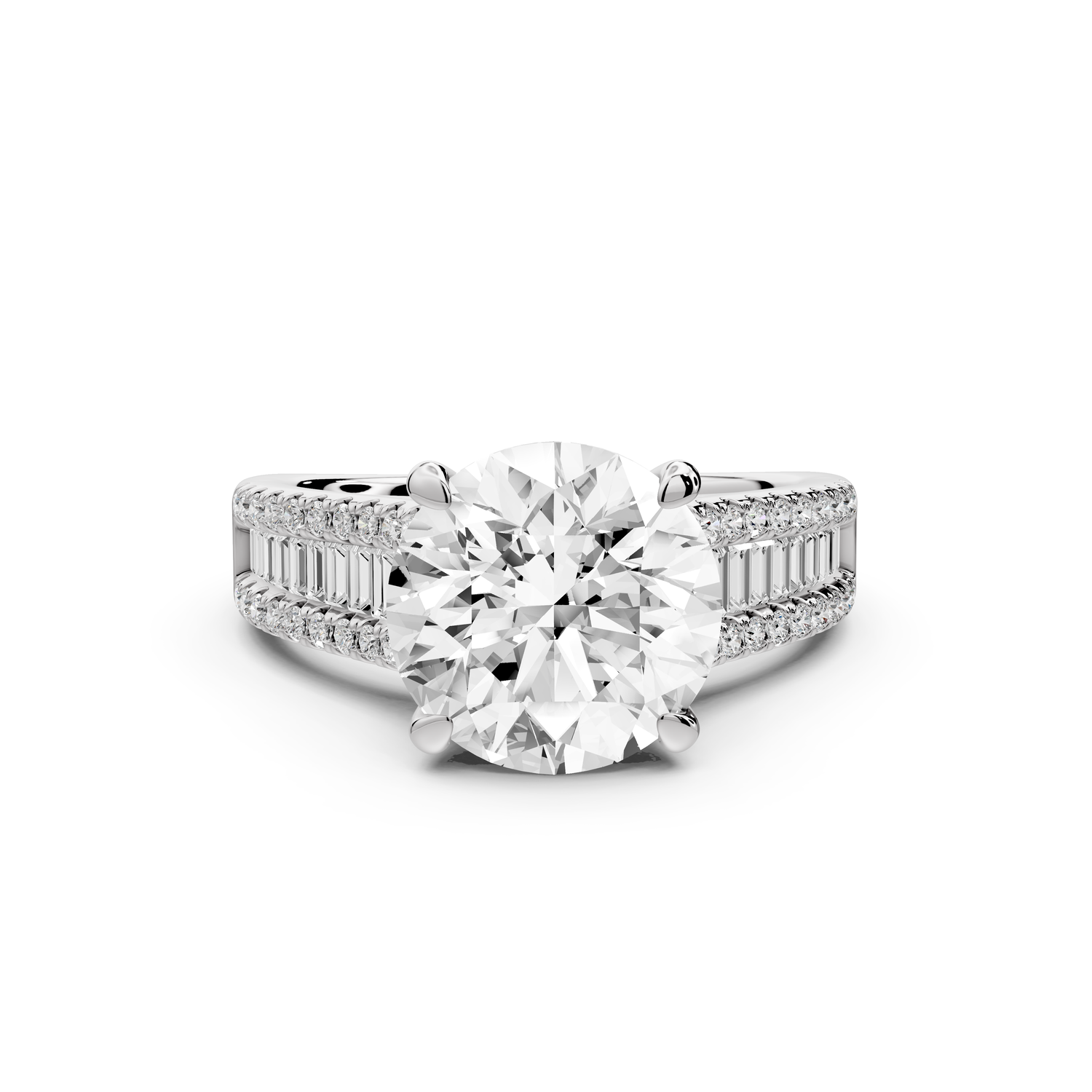 Estelle - 3ct 14k white gold round diamond with emerald and round cut accent stones half band cathedral engagement ring