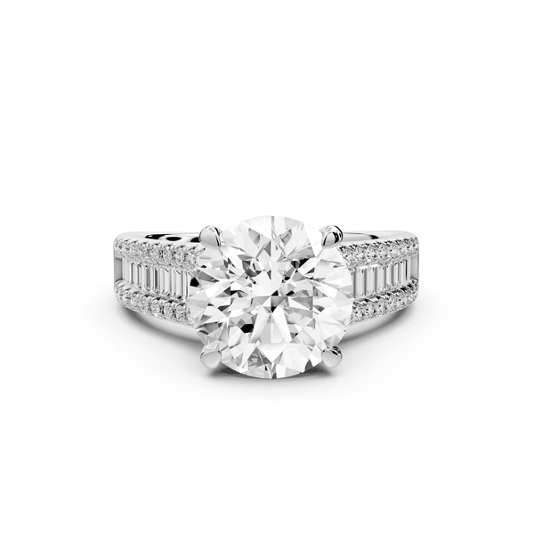 Estelle - 3ct 14k white gold round diamond with emerald and round cut accent stones half band cathedral engagement ring