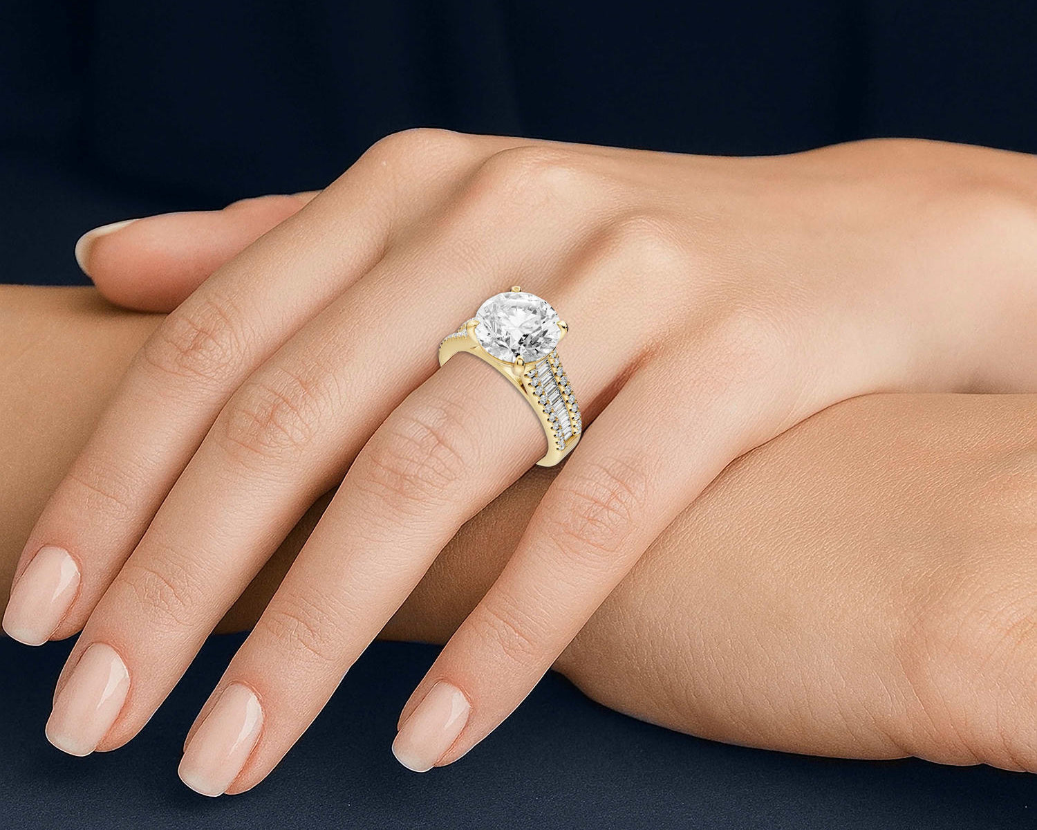 Estelle - 3ct 14k yellow gold round diamond with emerald and round cut accent stones half band cathedral engagamengt ring