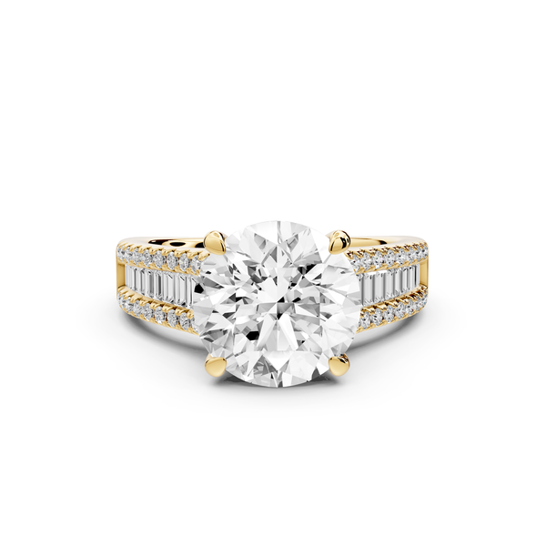 Estelle - 3ct 14k yellow gold round diamond with emerald and round cut accent stones half band cathedral engagement ring