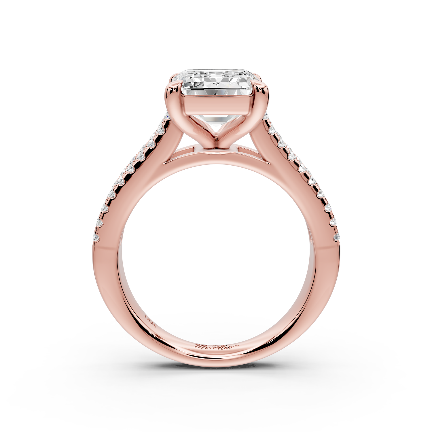 Estelle - 4ct 14k rose gold emerald diamond with emerald and round cut accent stones half band cathedral engagement ring