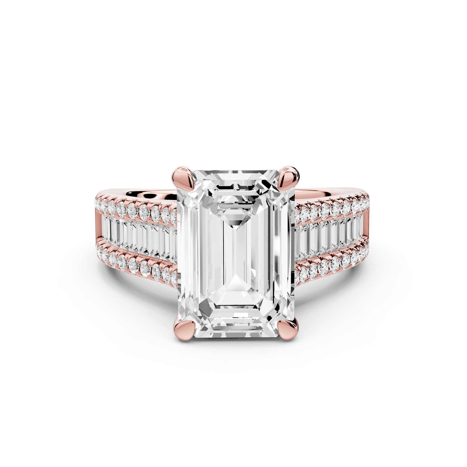 Estelle - 4ct 14k rose gold emerald diamond with emerald and round cut accent stones half band cathedral engagement ring
