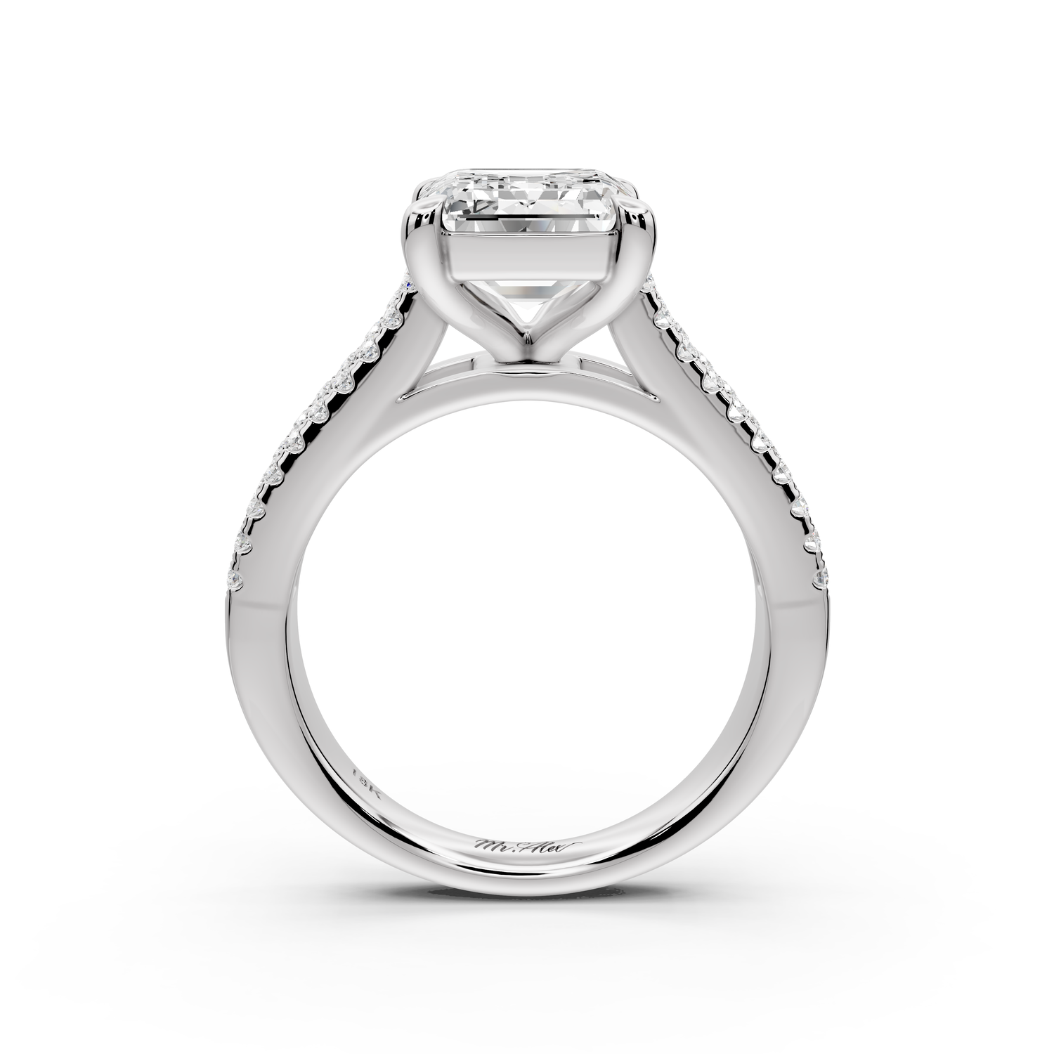 Estelle - 4ct 14k white gold emerald diamond with emerald and round cut accent stones half band cathedral engagement ring