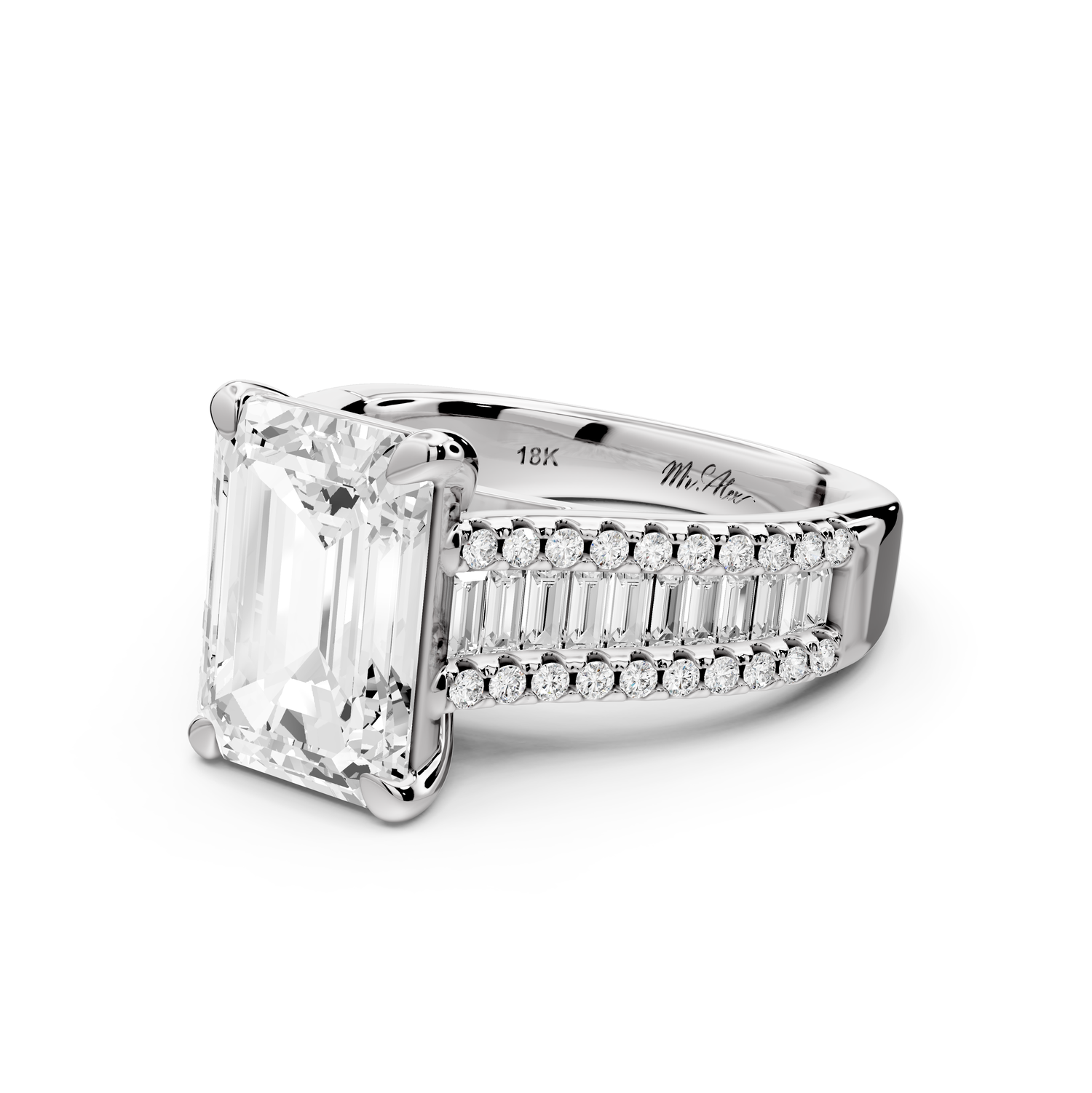 Estelle - 4ct 14k white gold emerald diamond with emerald and round cut accent stones half band cathedral engagement ring