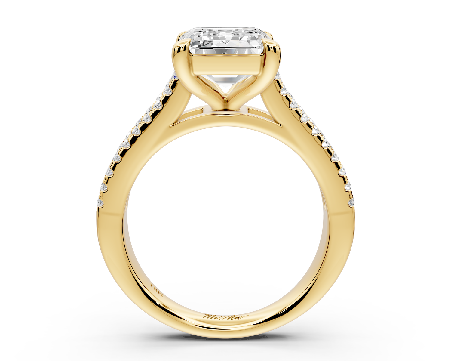 Estelle - 4ct 14k yellow gold emerald diamond with emerald and round cut accent stones half band cathedral engagamengt ring