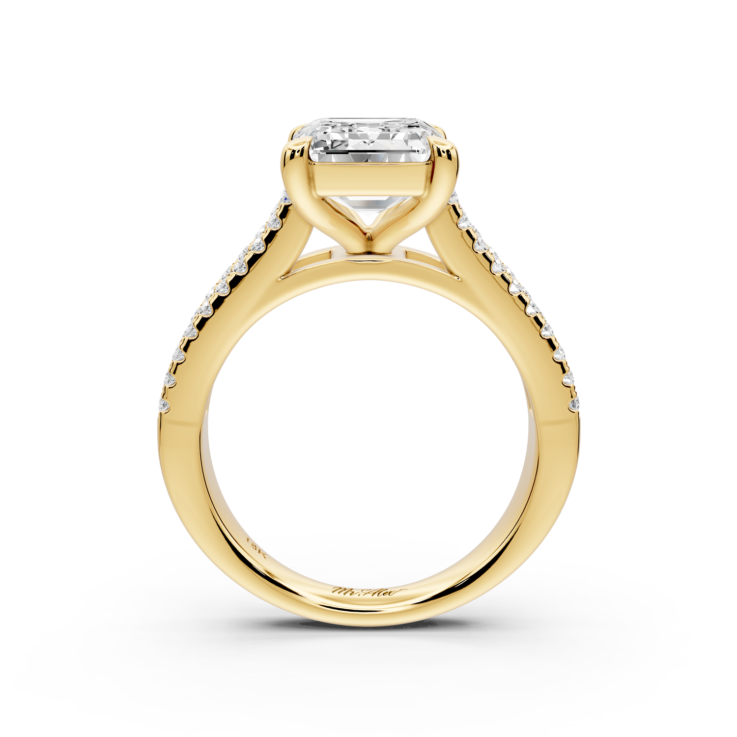Estelle - 4ct 14k yellow gold emerald diamond with emerald and round cut accent stones half band cathedral engagement ring