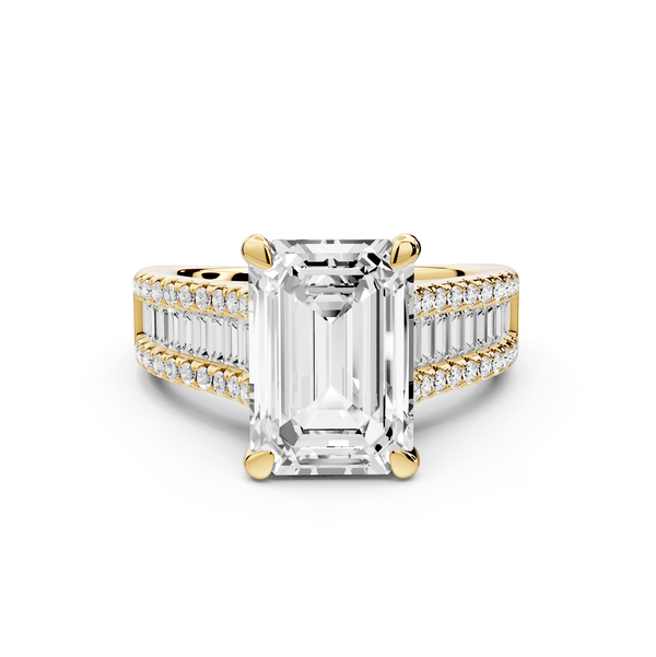 Estelle - 4ct 14k yellow gold emerald diamond with emerald and round cut accent stones half band cathedral engagement ring