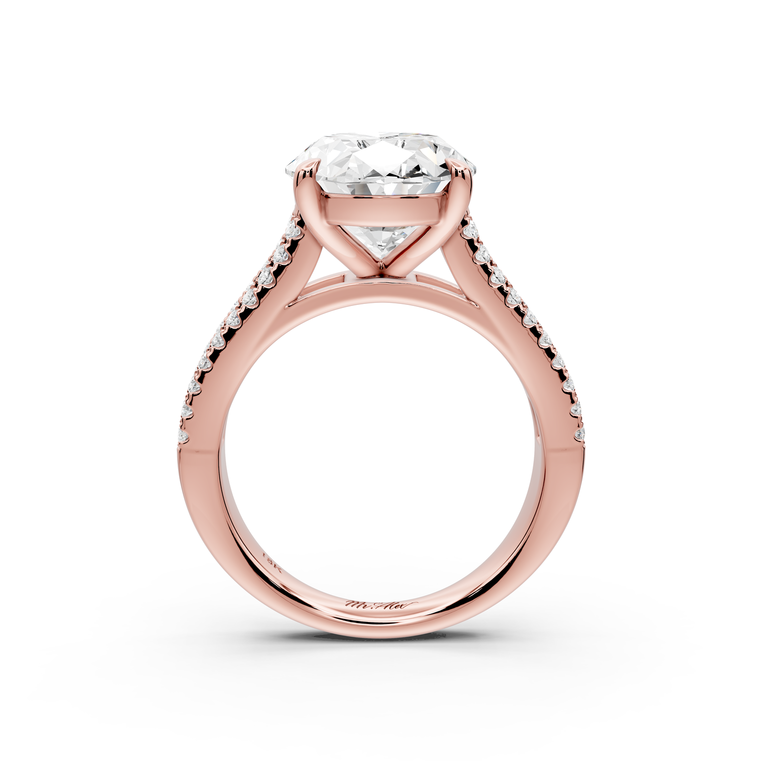 Estelle - 4ct 14k rose gold oval diamond with emerald and round cut accent stones half band cathedral engagement ring