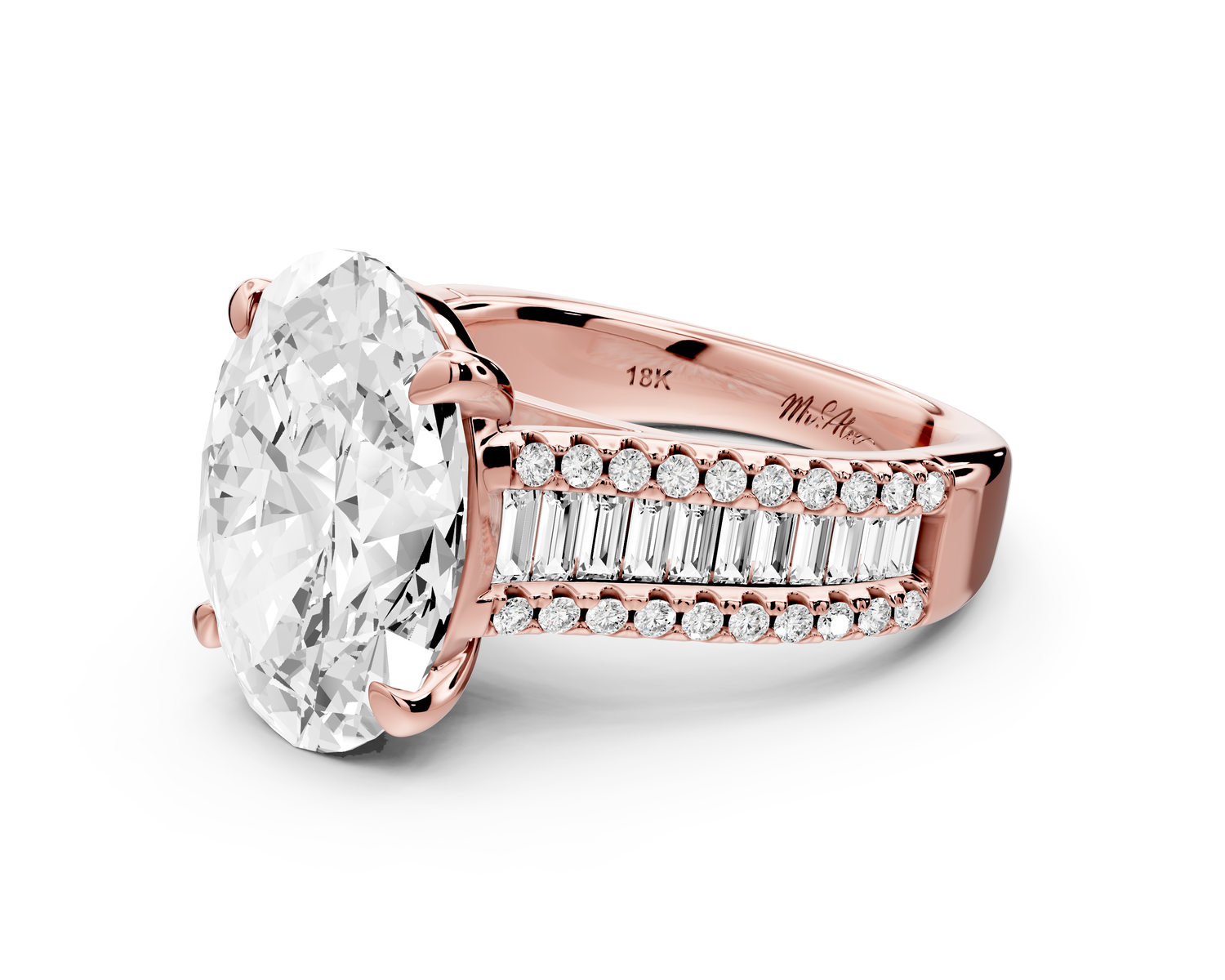 Estelle - 4ct 14k rose gold oval diamond with emerald and round cut accent stones half band cathedral engagamengt ring