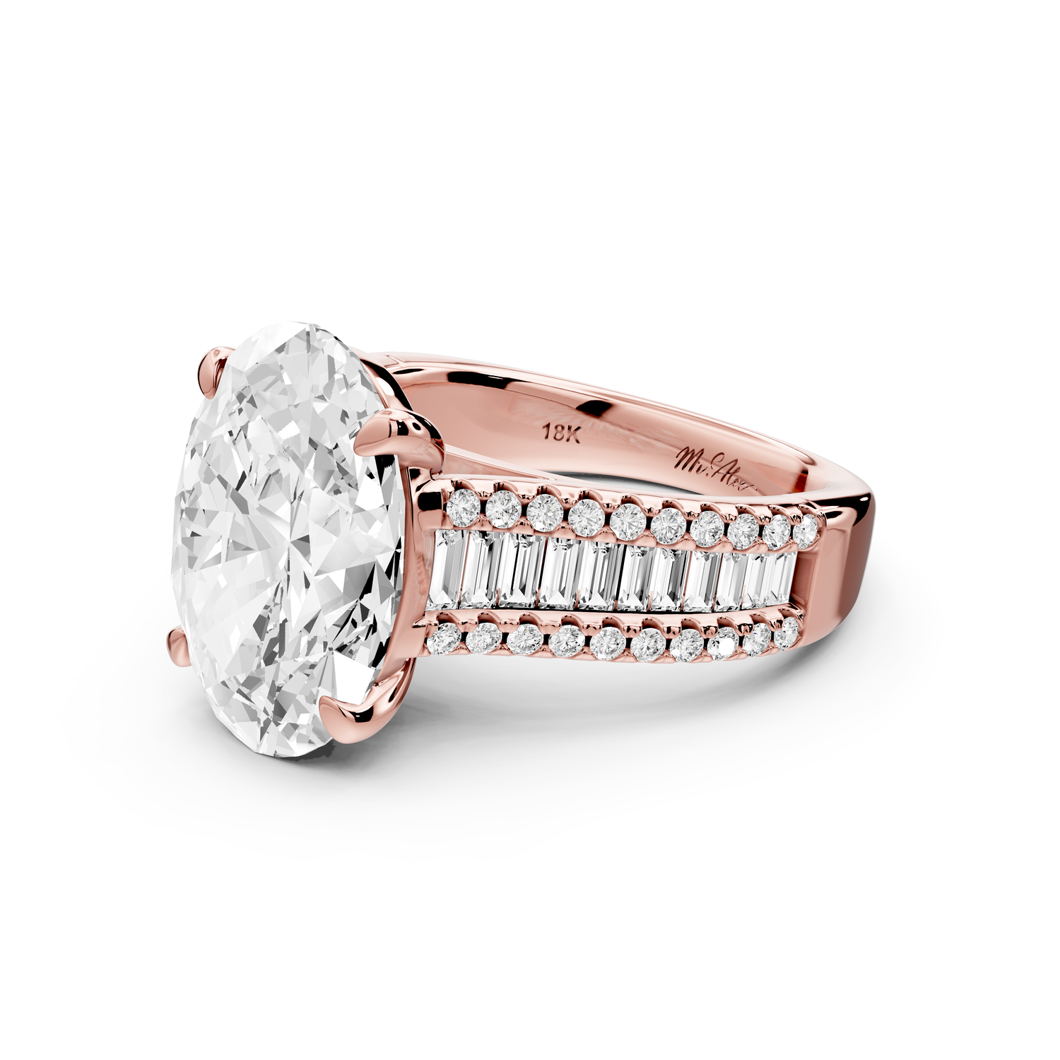 Estelle - 4ct 14k rose gold oval diamond with emerald and round cut accent stones half band cathedral engagement ring