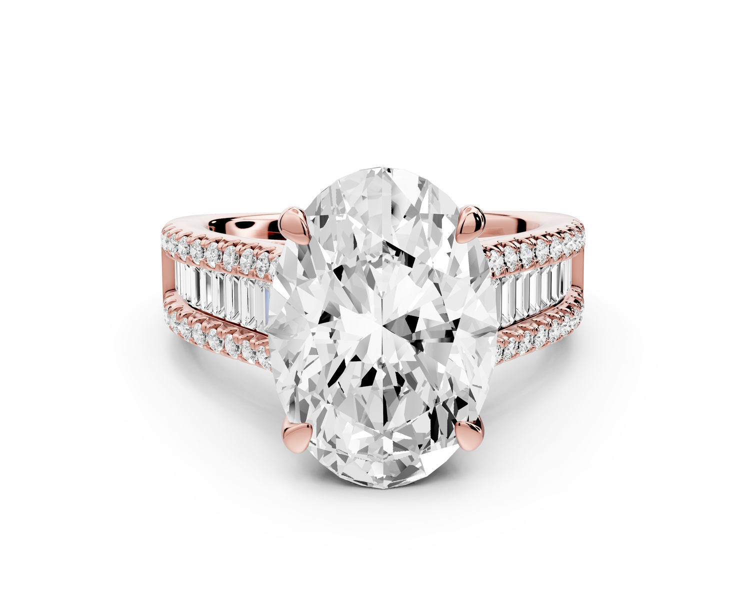 Estelle - 4ct 14k rose gold oval diamond with emerald and round cut accent stones half band cathedral engagamengt ring