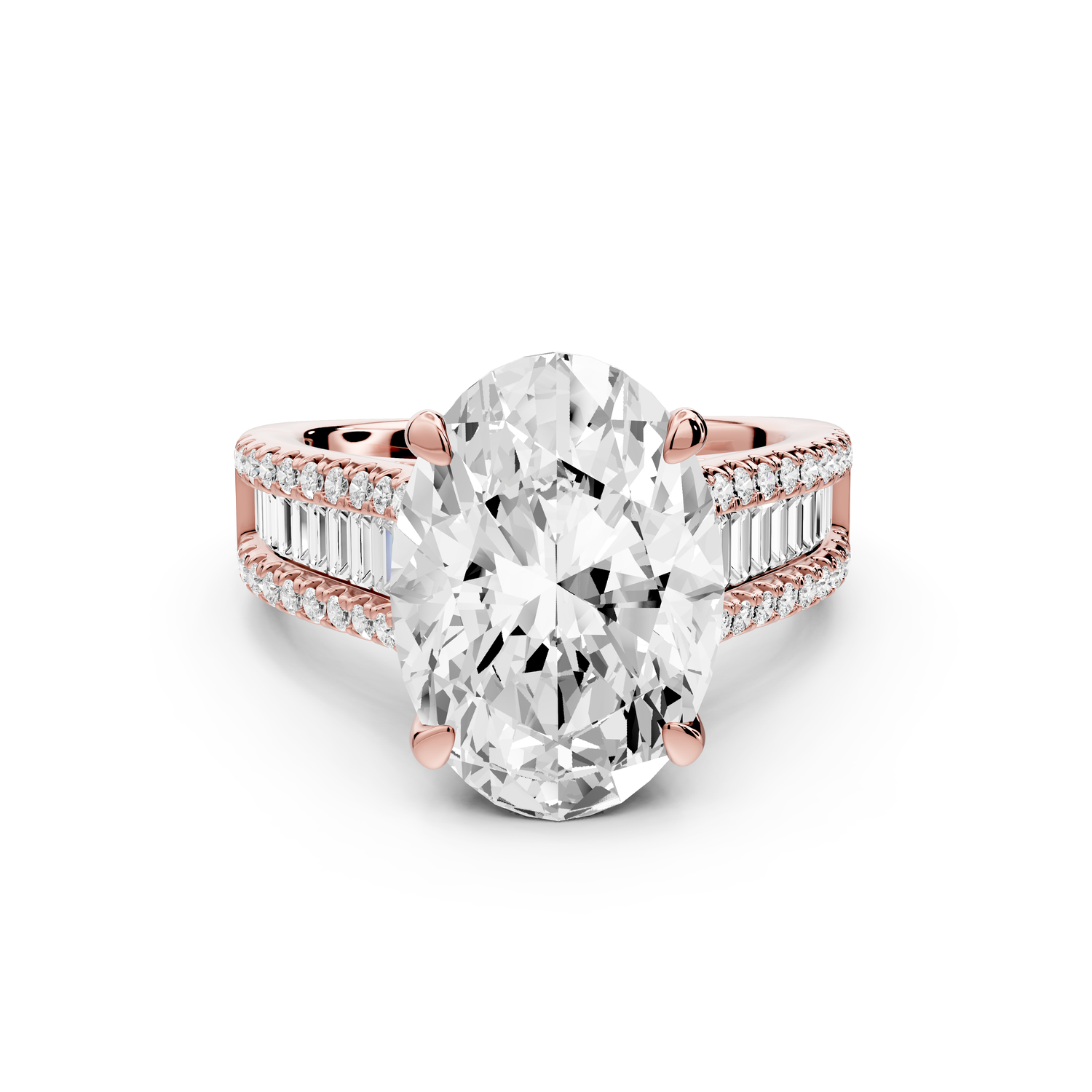 Estelle - 4ct 14k rose gold oval diamond with emerald and round cut accent stones half band cathedral engagement ring