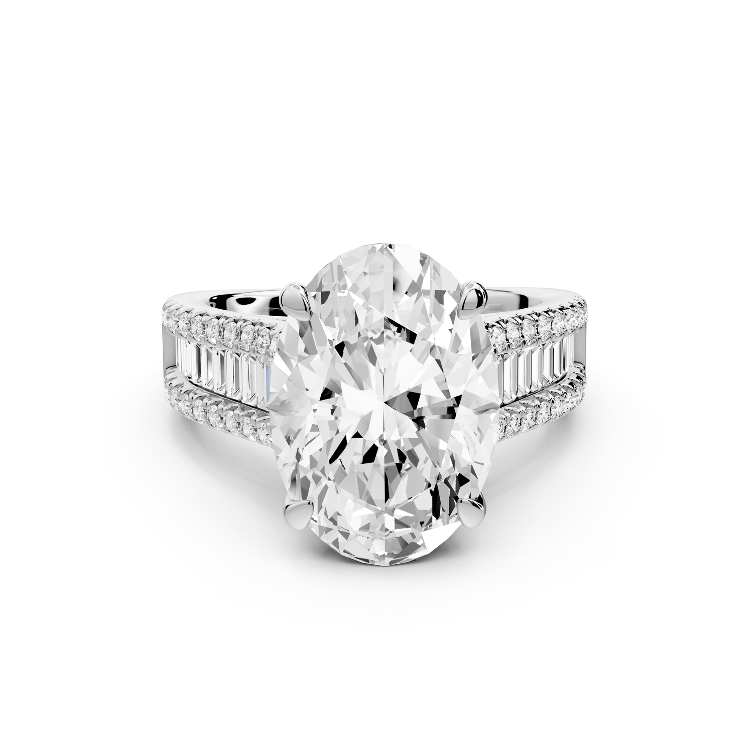 Estelle - 4ct 14k white gold oval diamond with emerald and round cut accent stones half band cathedral engagement ring