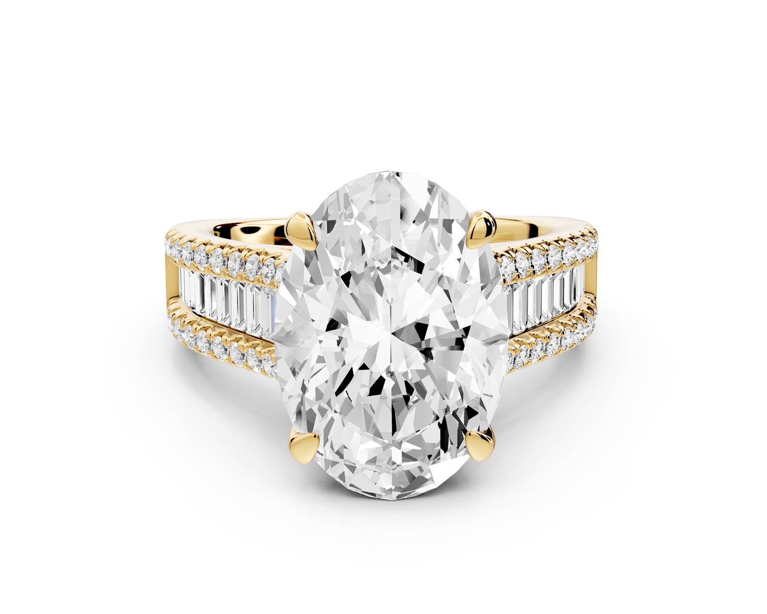 Estelle - 4ct 14k yellow gold oval diamond with emerald and round cut accent stones half band cathedral engagamengt ring