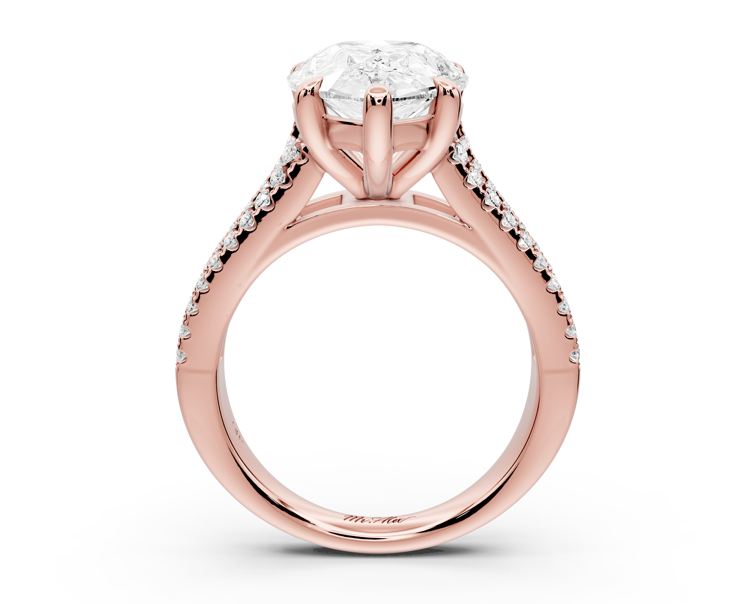 Estelle - 4ct 14k rose gold pear diamond with emerald and round cut accent stones half band cathedral engagamengt ring