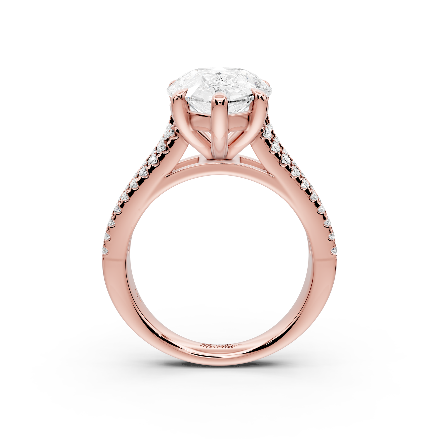 Estelle - 4ct 14k rose gold pear diamond with emerald and round cut accent stones half band cathedral engagement ring