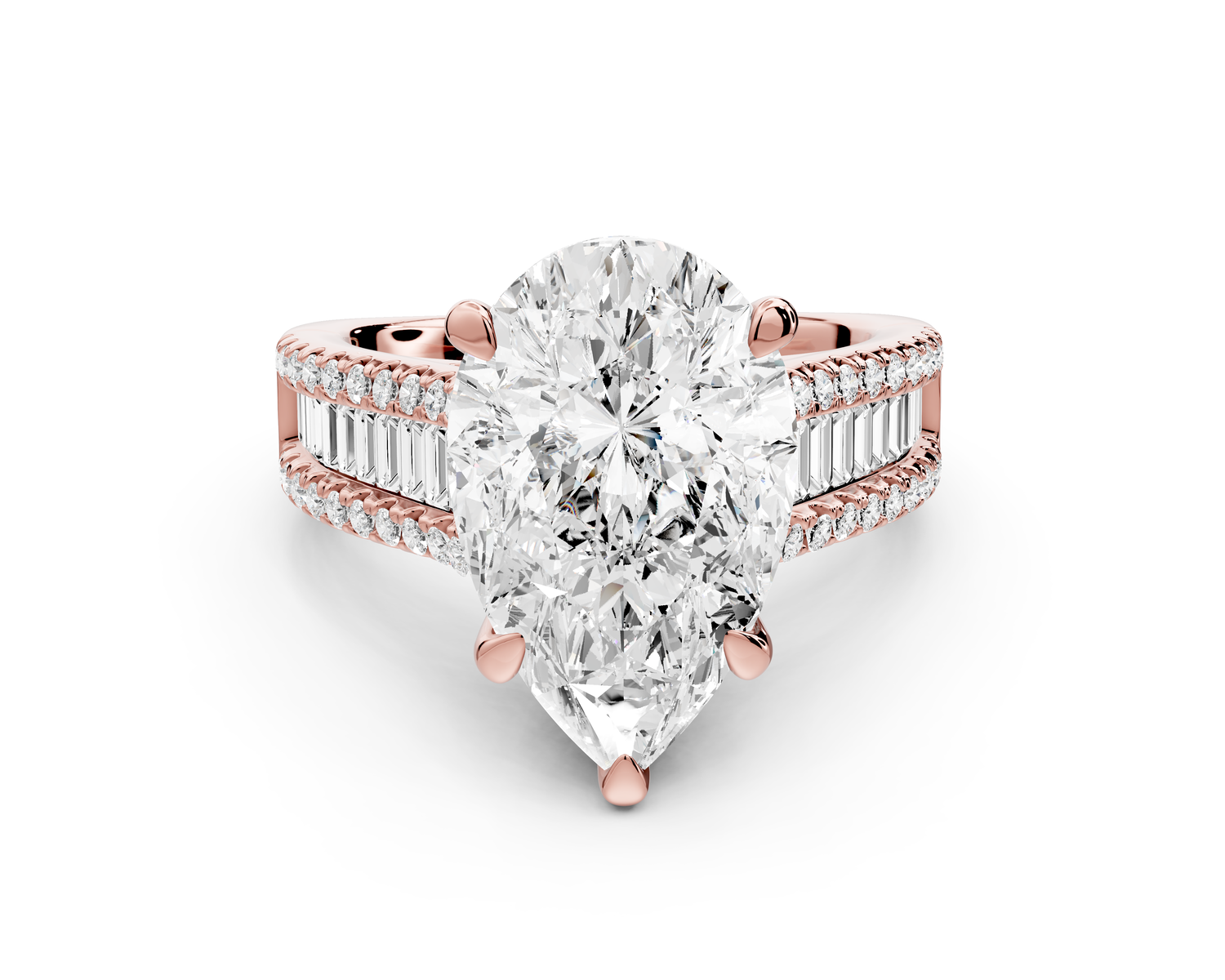 Estelle - 4ct 14k rose gold pear diamond with emerald and round cut accent stones half band cathedral engagamengt ring