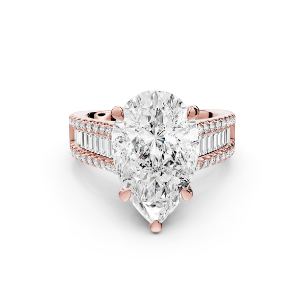 Estelle - 4ct 14k rose gold pear diamond with emerald and round cut accent stones half band cathedral engagement ring
