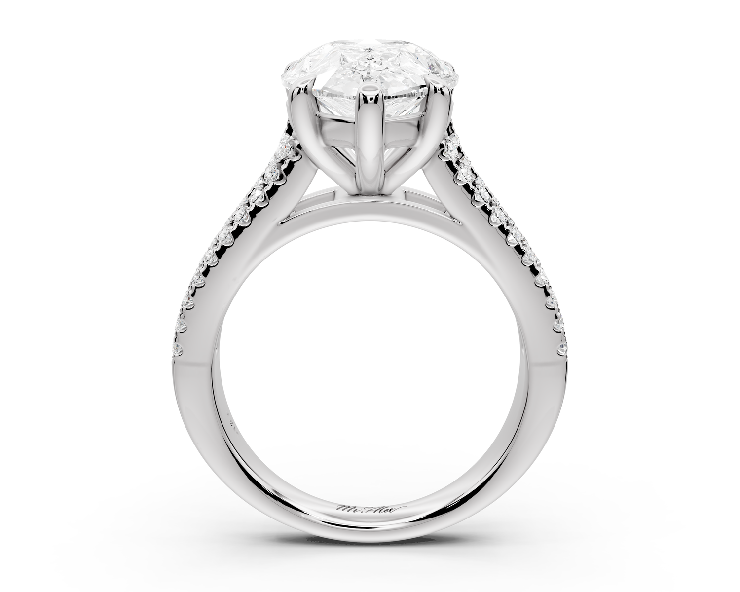Estelle - 4ct 14k white gold pear diamond with emerald and round cut accent stones half band cathedral engagamengt ring