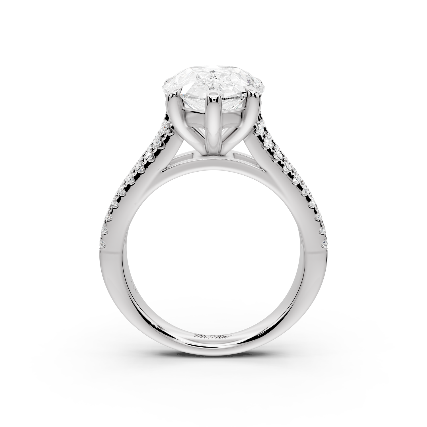Estelle - 4ct 14k white gold pear diamond with emerald and round cut accent stones half band cathedral engagement ring