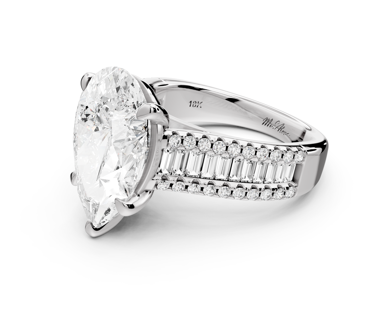 Estelle - 4ct 14k white gold pear diamond with emerald and round cut accent stones half band cathedral engagamengt ring