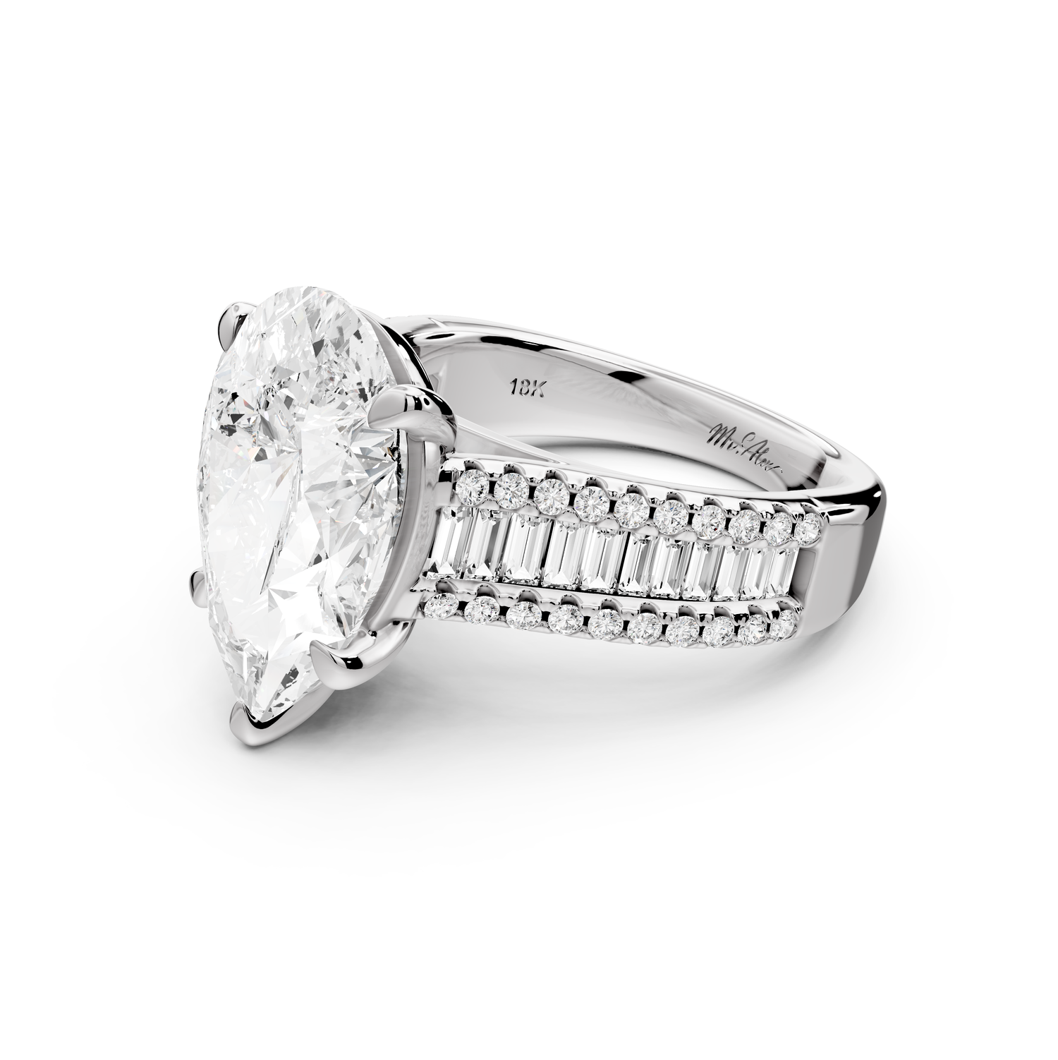 Estelle - 4ct 14k white gold pear diamond with emerald and round cut accent stones half band cathedral engagement ring