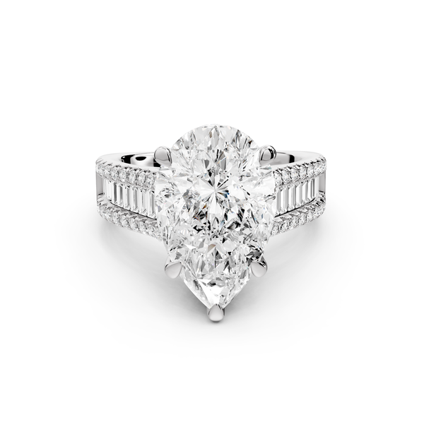 Estelle - 4ct 14k white gold pear diamond with emerald and round cut accent stones half band cathedral engagement ring