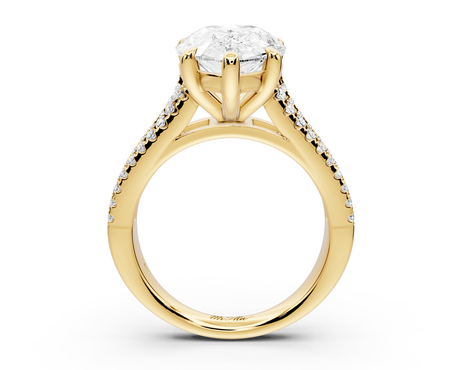 Estelle - 4ct 14k yellow gold pear diamond with emerald and round cut accent stones half band cathedral engagamengt ring