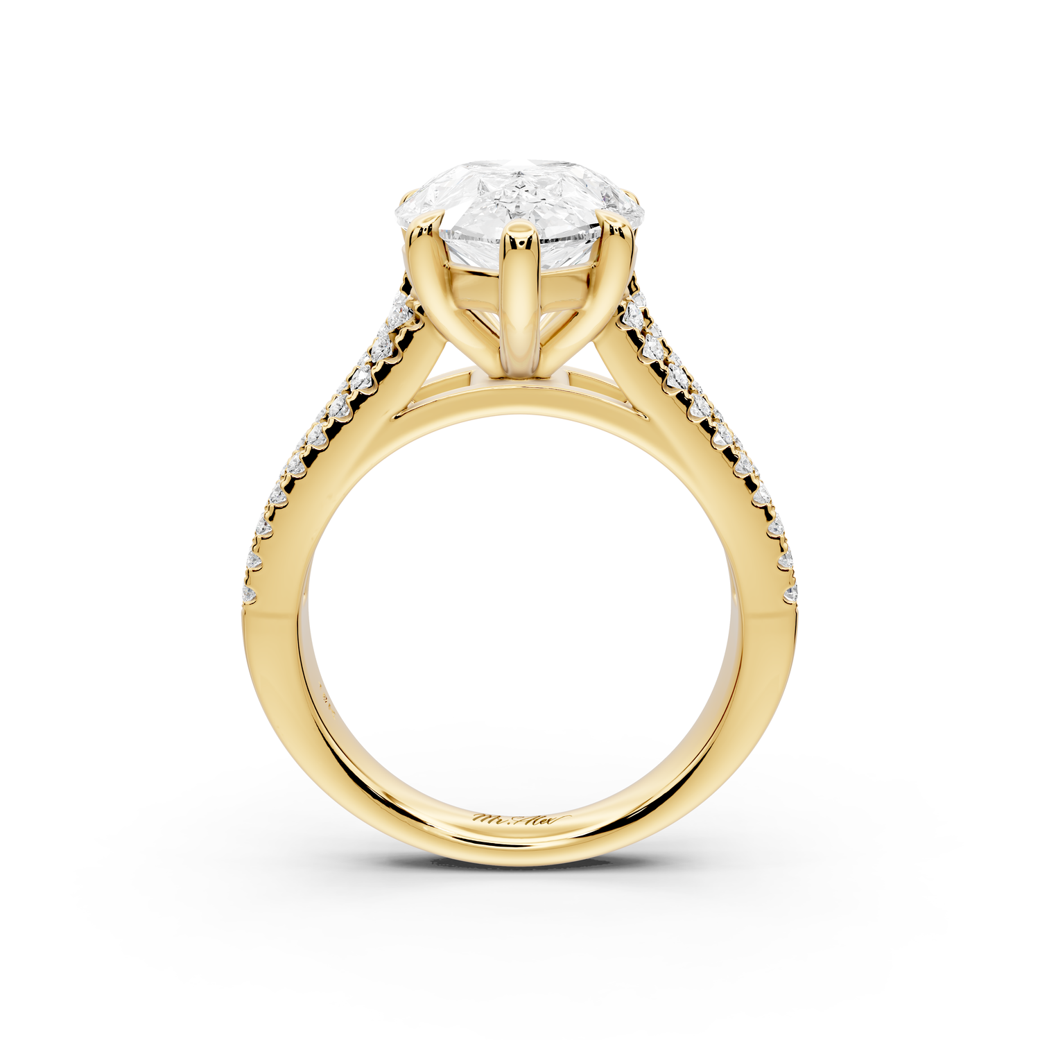 Estelle - 4ct 14k yellow gold pear diamond with emerald and round cut accent stones half band cathedral engagement ring
