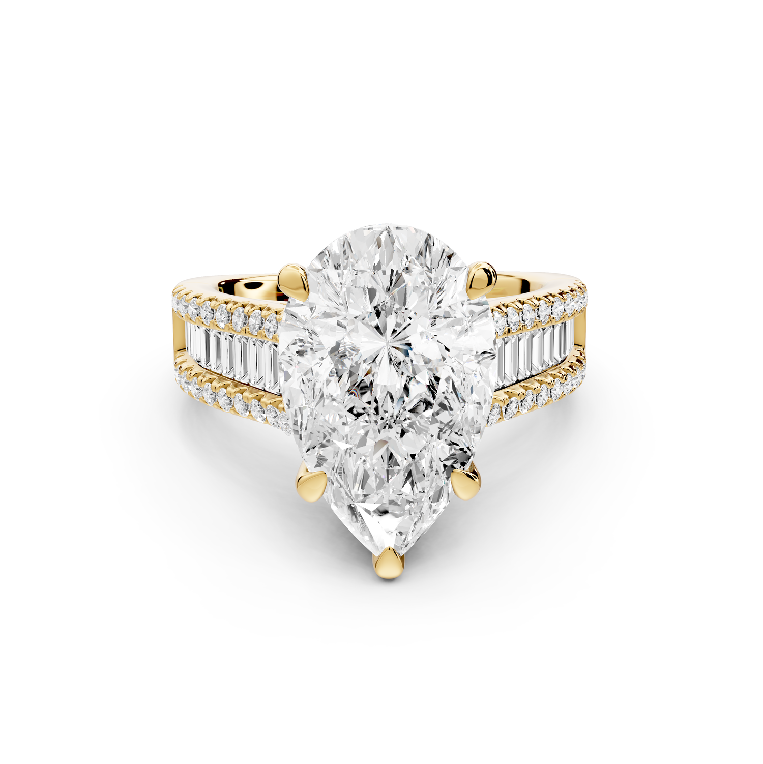 Estelle - 4ct 14k yellow gold pear diamond with emerald and round cut accent stones half band cathedral engagement ring