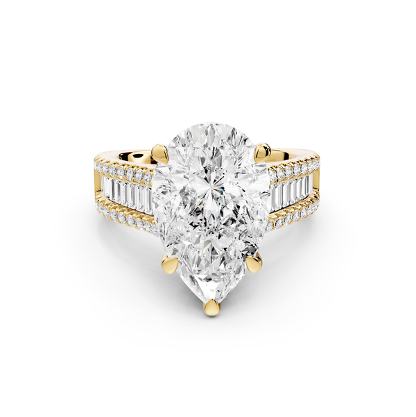 Estelle - 4ct 14k yellow gold pear diamond with emerald and round cut accent stones half band cathedral engagement ring