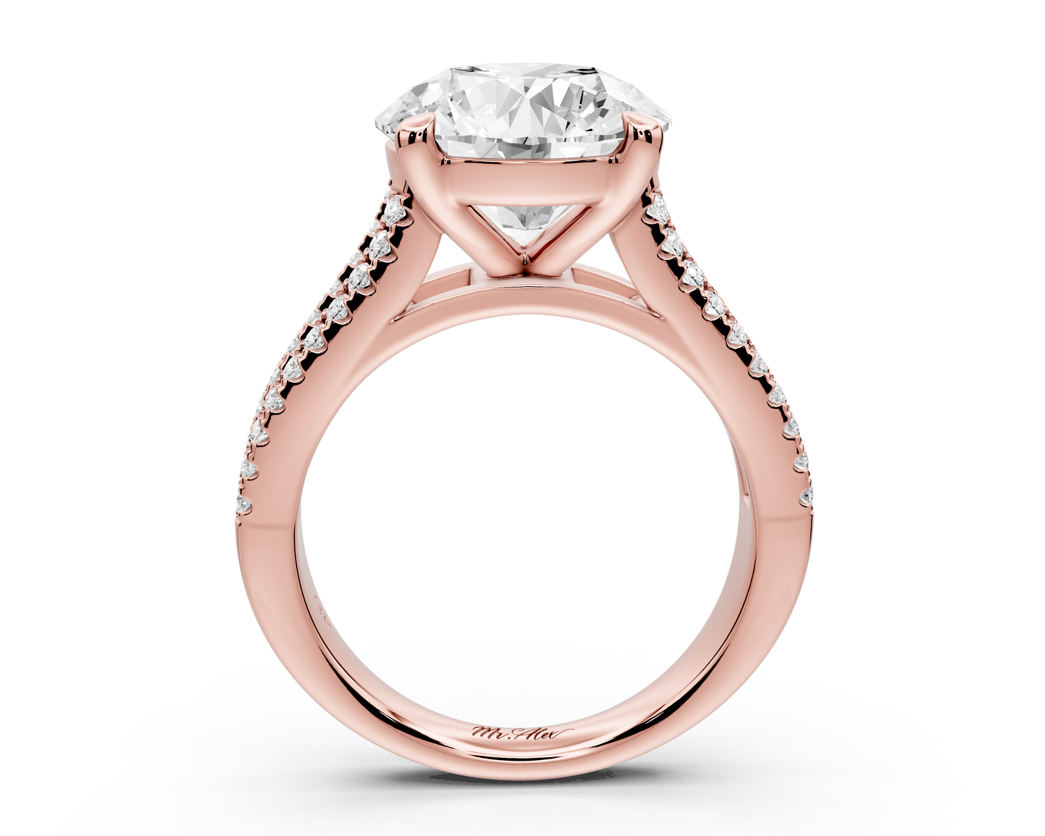 Estelle - 4ct 14k rose gold round diamond with emerald and round cut accent stones half band cathedral engagamengt ring