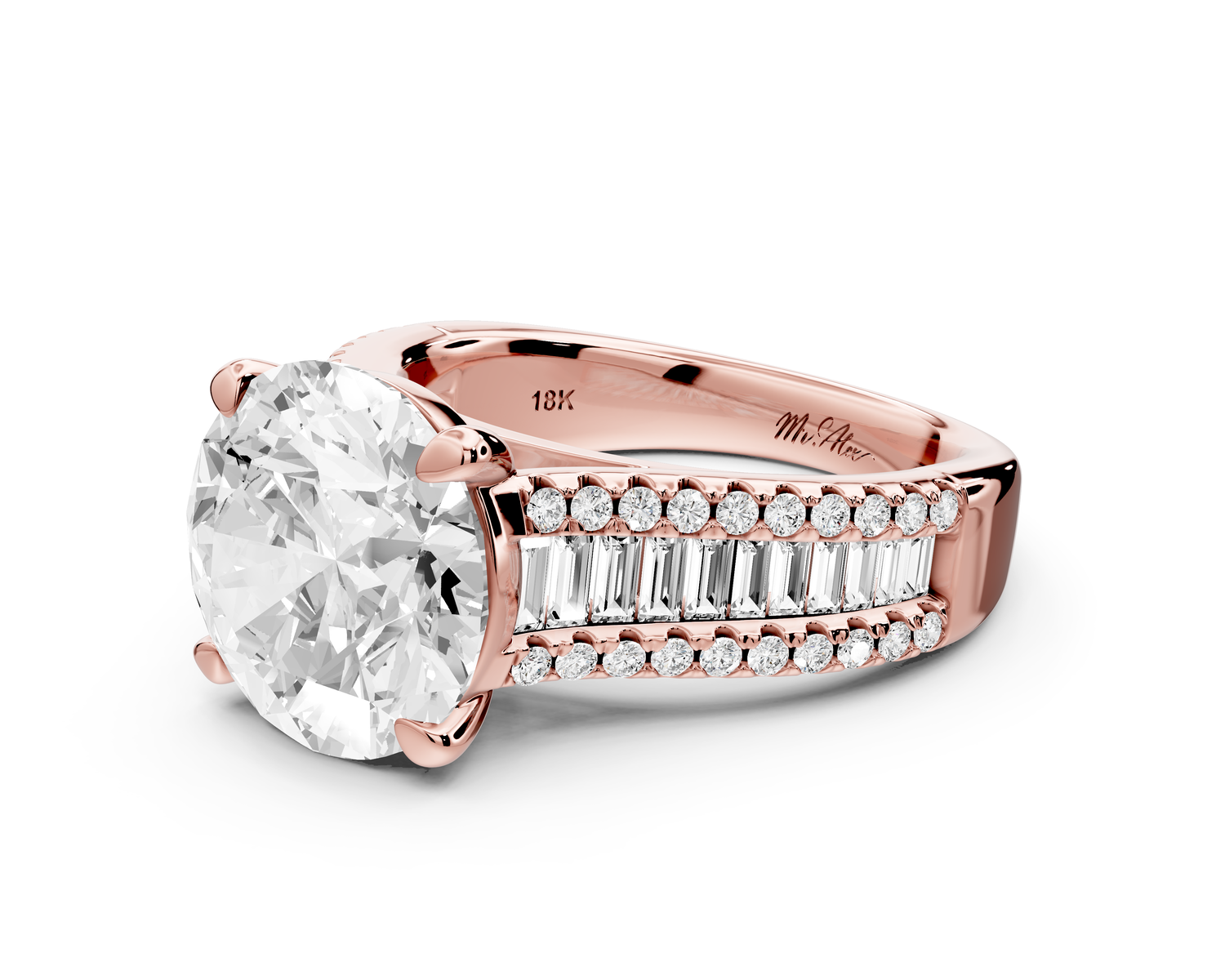 Estelle - 4ct 14k rose gold round diamond with emerald and round cut accent stones half band cathedral engagamengt ring
