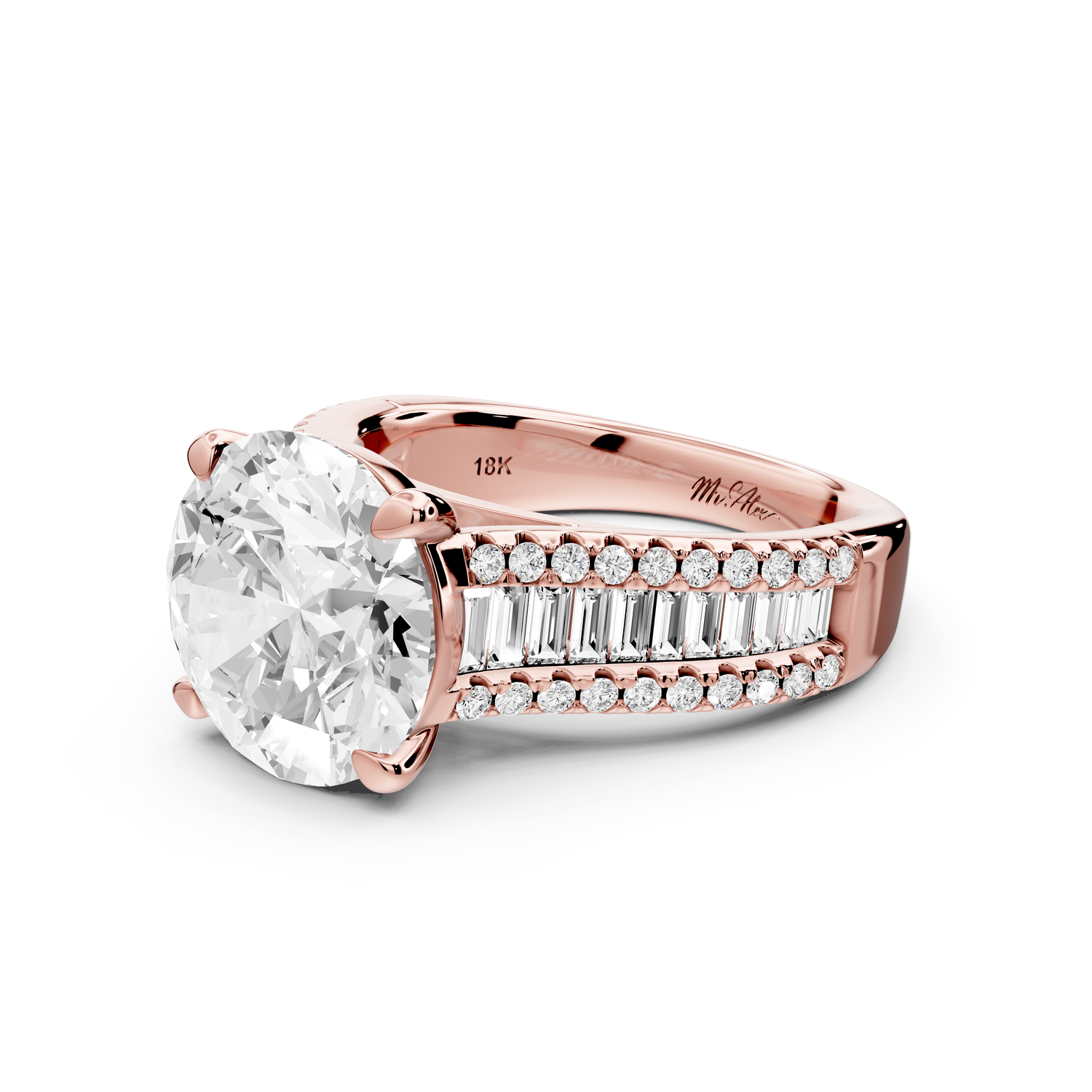 Estelle - 4ct 14k rose gold round diamond with emerald and round cut accent stones half band cathedral engagement ring