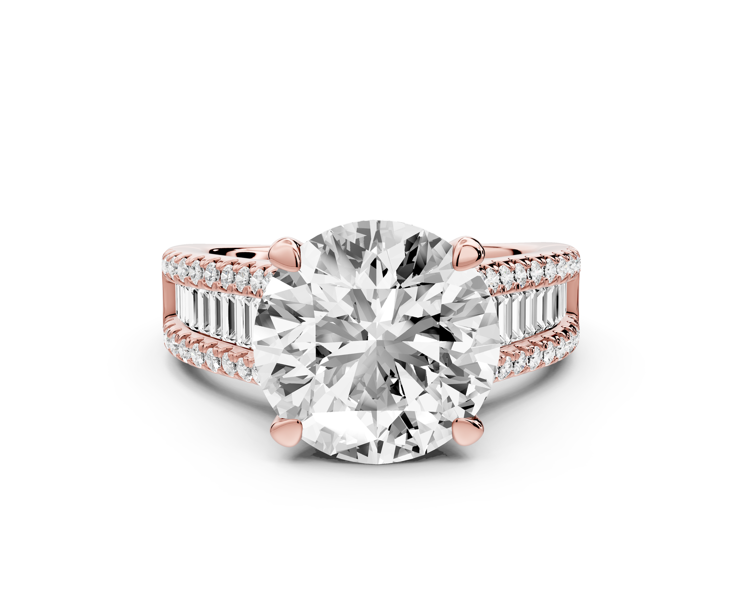 Estelle - 4ct 14k rose gold round diamond with emerald and round cut accent stones half band cathedral engagamengt ring