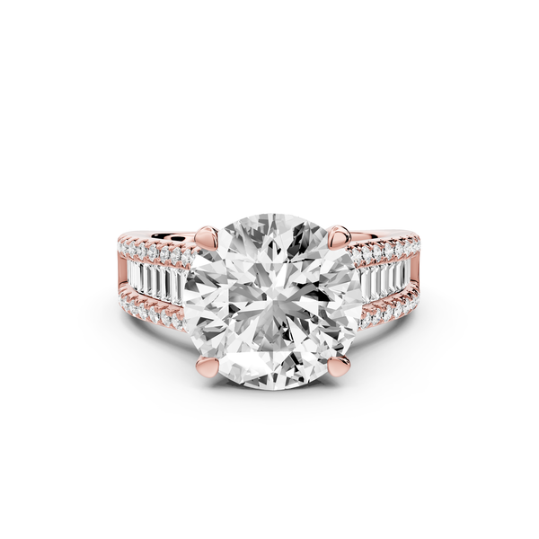 Estelle - 4ct 14k rose gold round diamond with emerald and round cut accent stones half band cathedral engagement ring