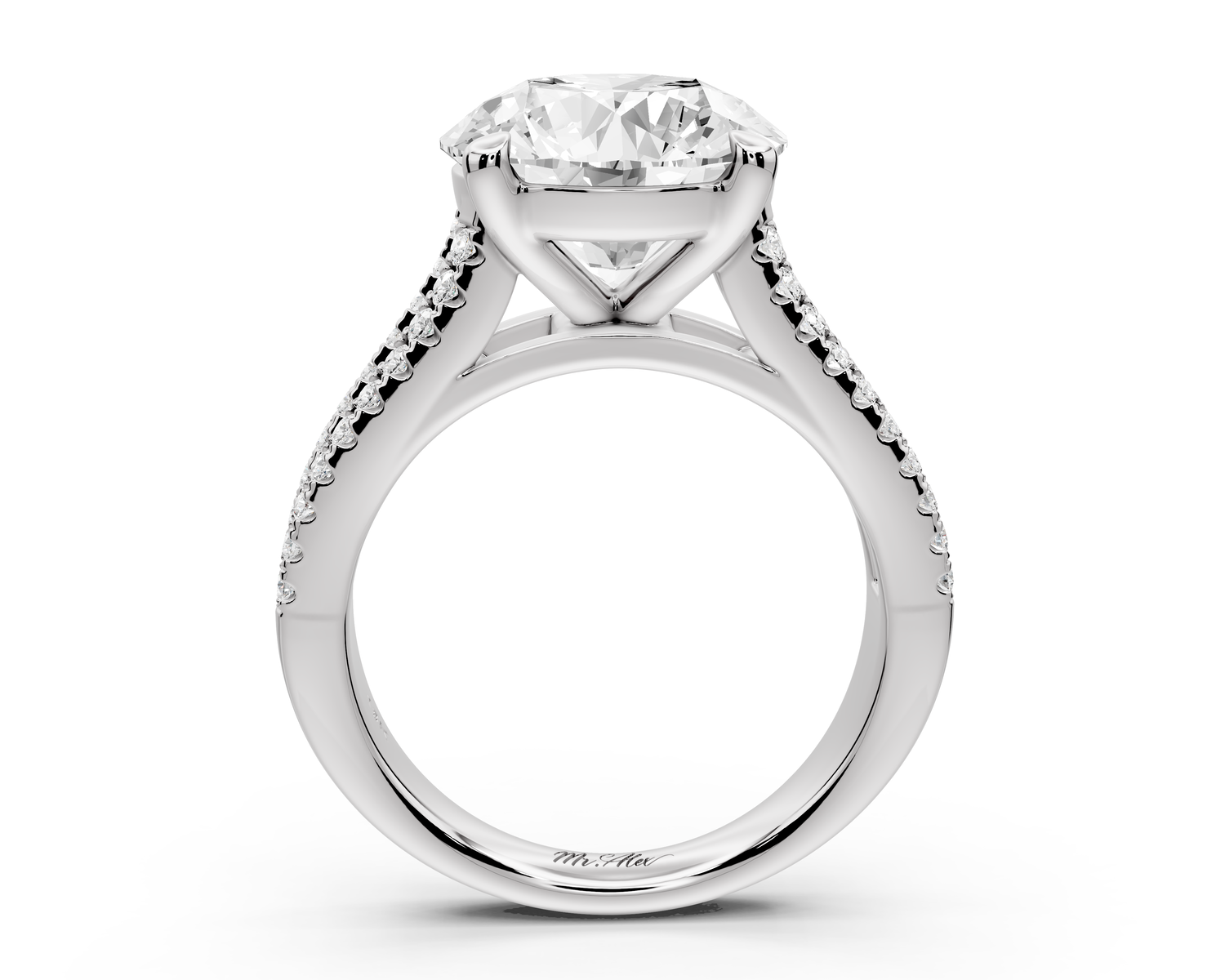 Estelle - 4ct 14k white gold round diamond with emerald and round cut accent stones half band cathedral engagement ring