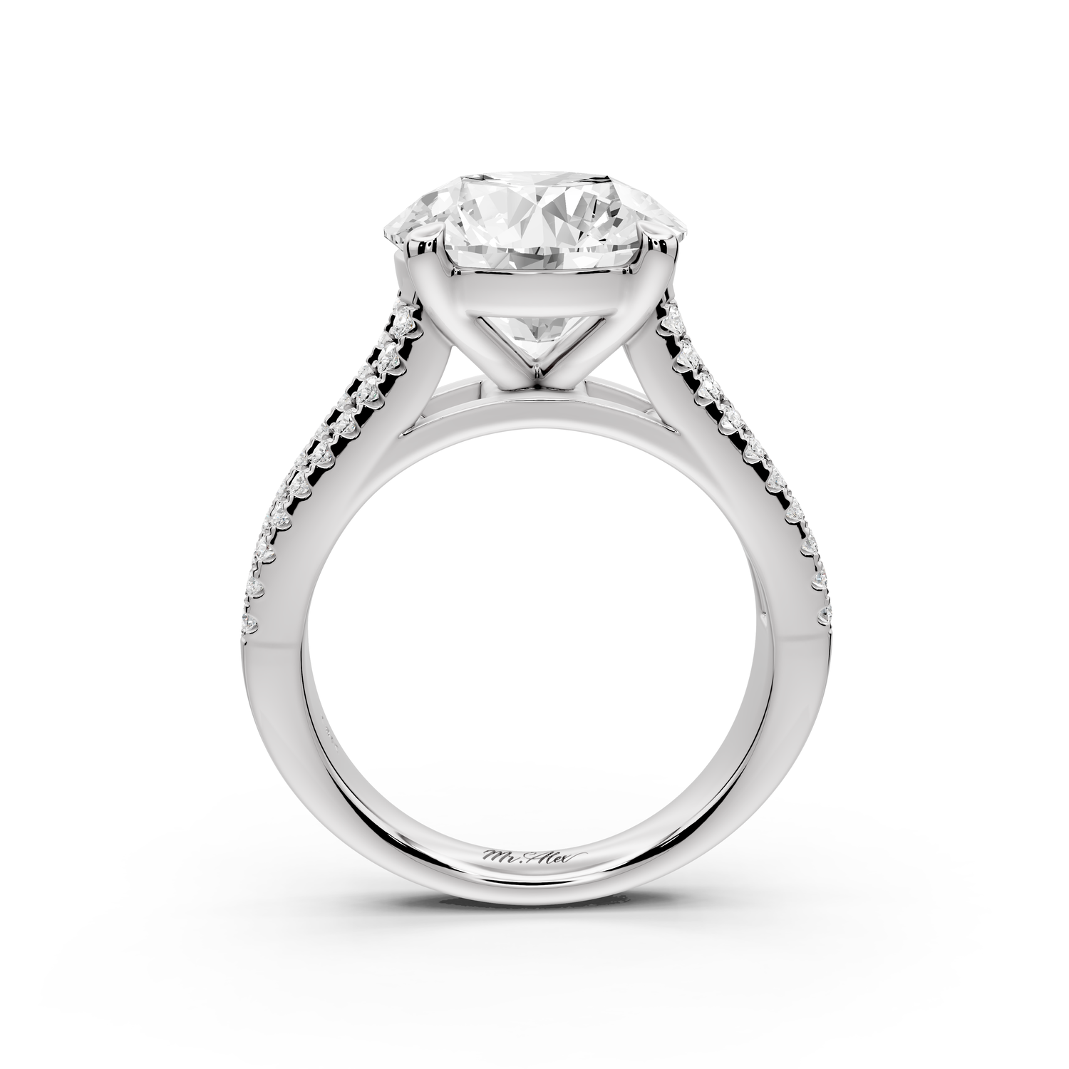 Estelle - 4ct 14k white gold round diamond with emerald and round cut accent stones half band cathedral engagement ring