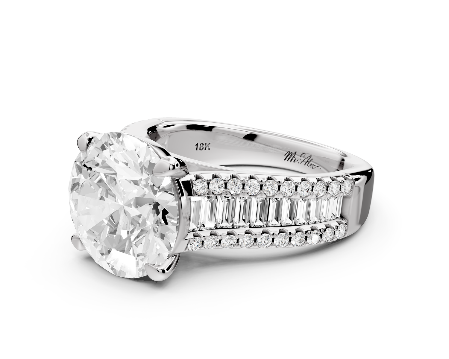 Estelle - 4ct 14k white gold round diamond with emerald and round cut accent stones half band cathedral engagement ring