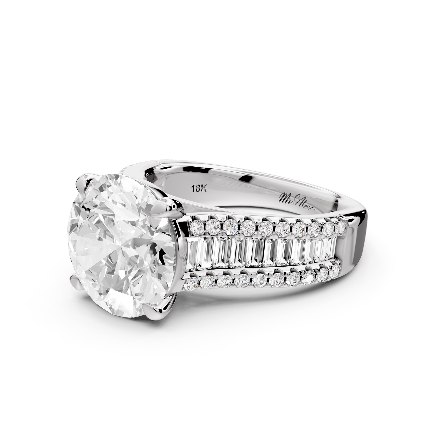Estelle - 4ct 14k white gold round diamond with emerald and round cut accent stones half band cathedral engagement ring
