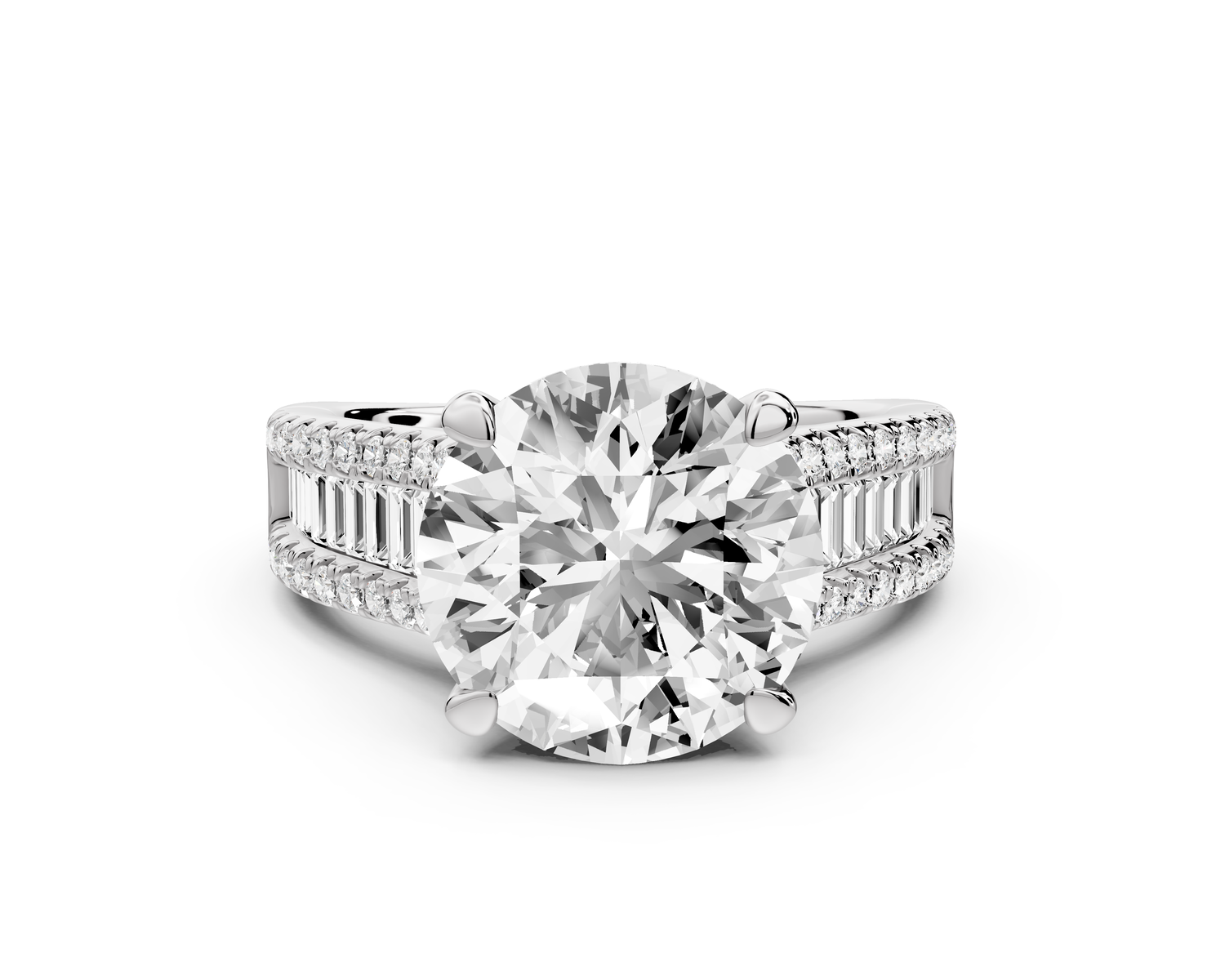 Estelle - 4ct 14k white gold round diamond with emerald and round cut accent stones half band cathedral engagement ring