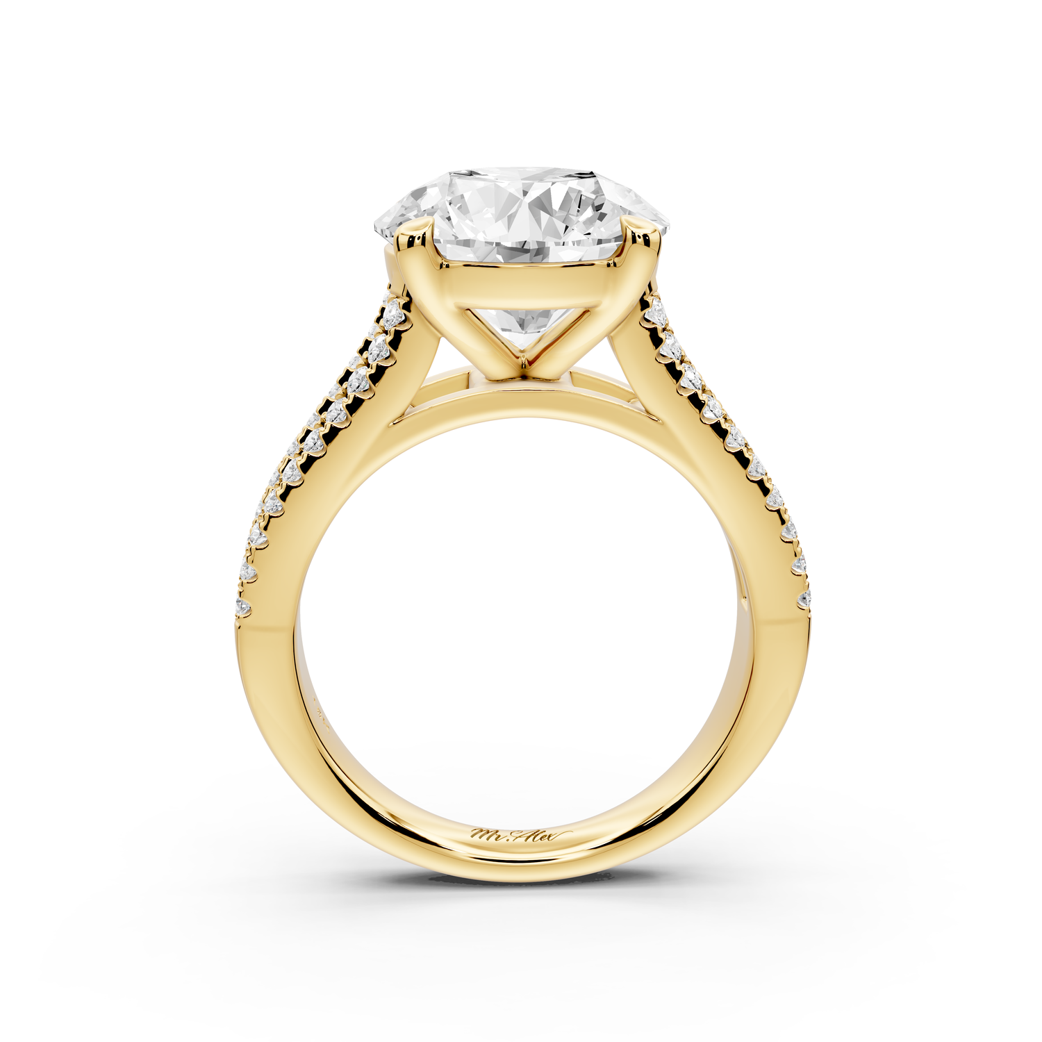 Estelle - 4ct 14k yellow gold round diamond with emerald and round cut accent stones half band cathedral engagement ring