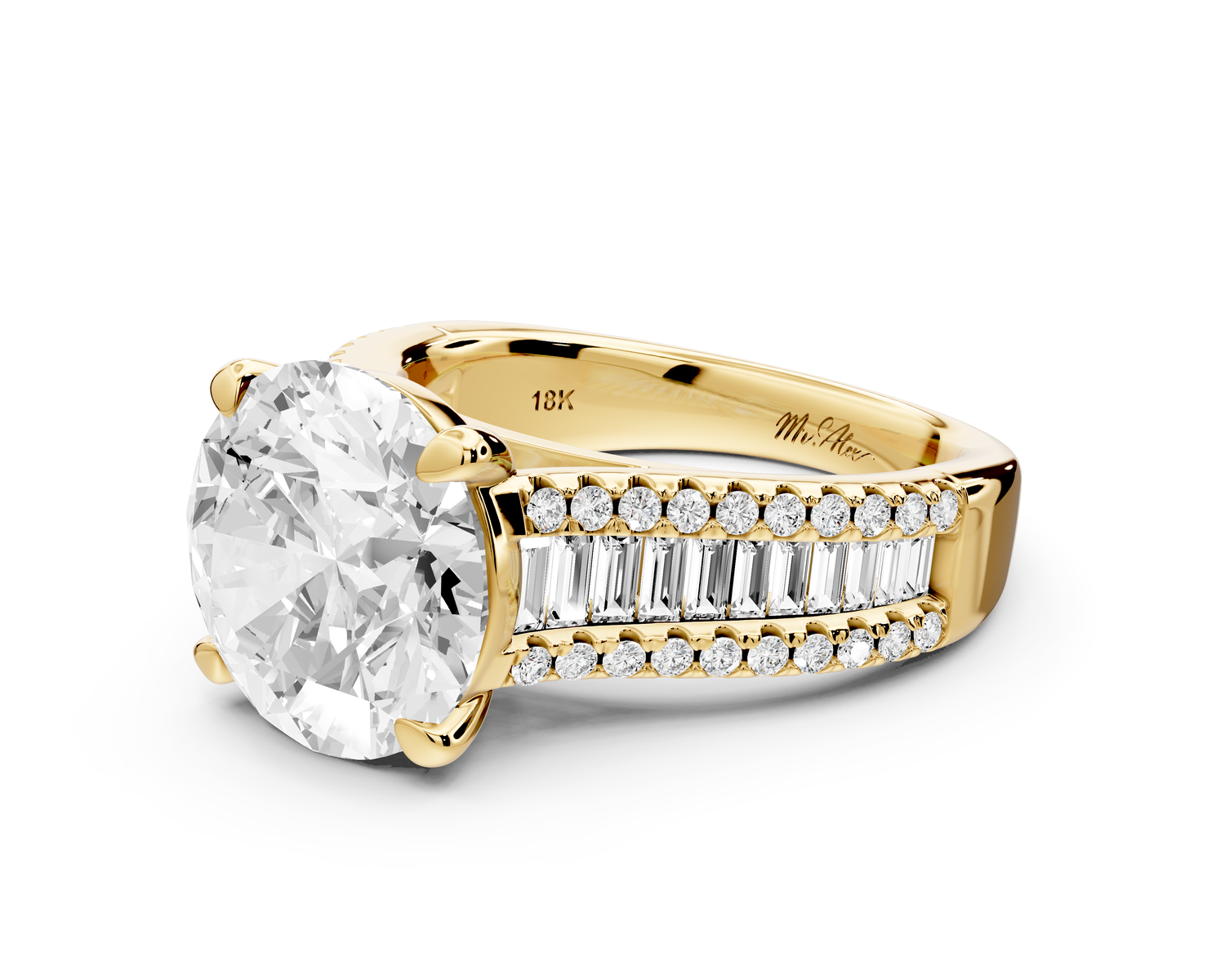 Estelle - 4ct 14k yellow gold round diamond with emerald and round cut accent stones half band cathedral engagamengt ring