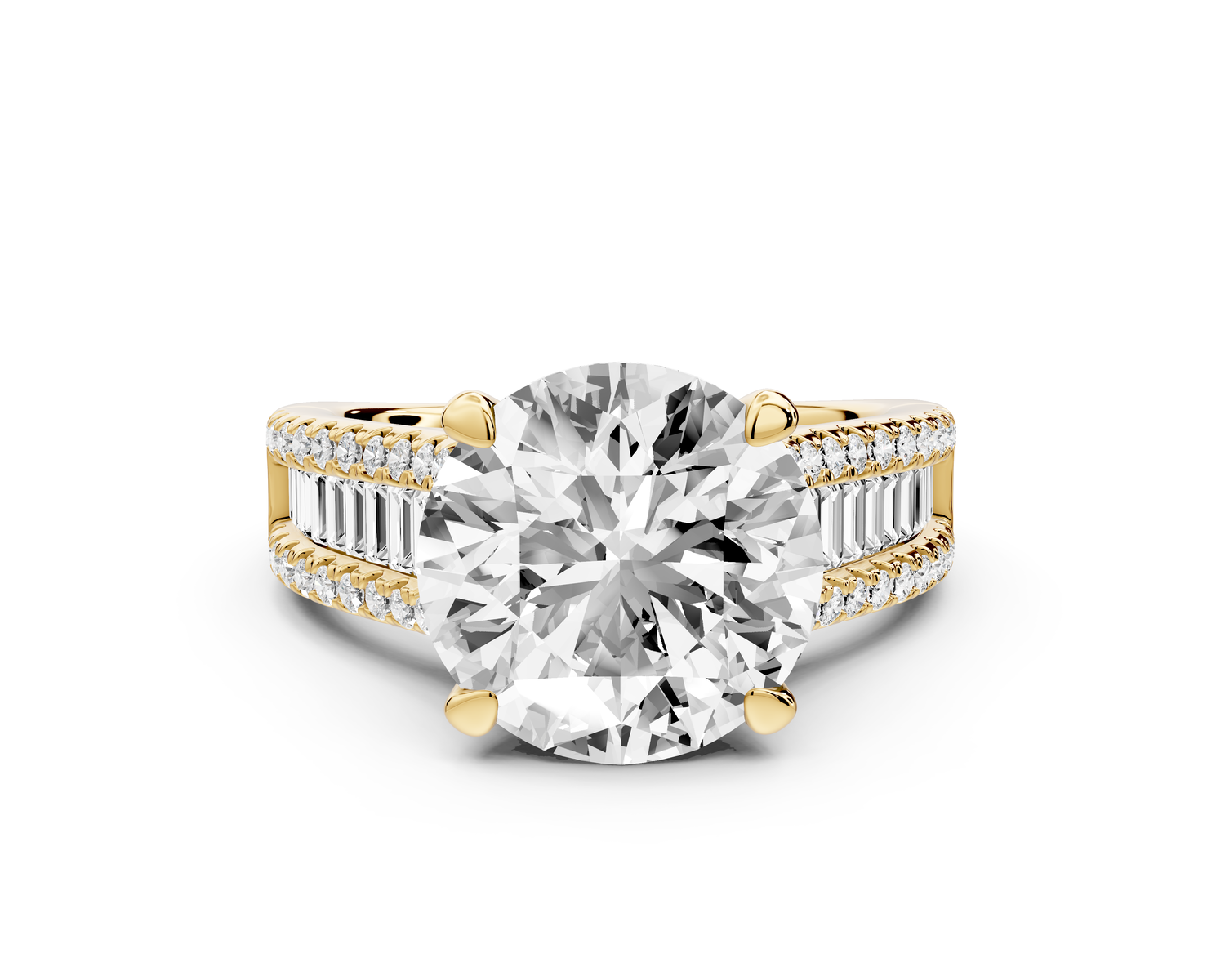 Estelle - 4ct 14k yellow gold round diamond with emerald and round cut accent stones half band cathedral engagamengt ring