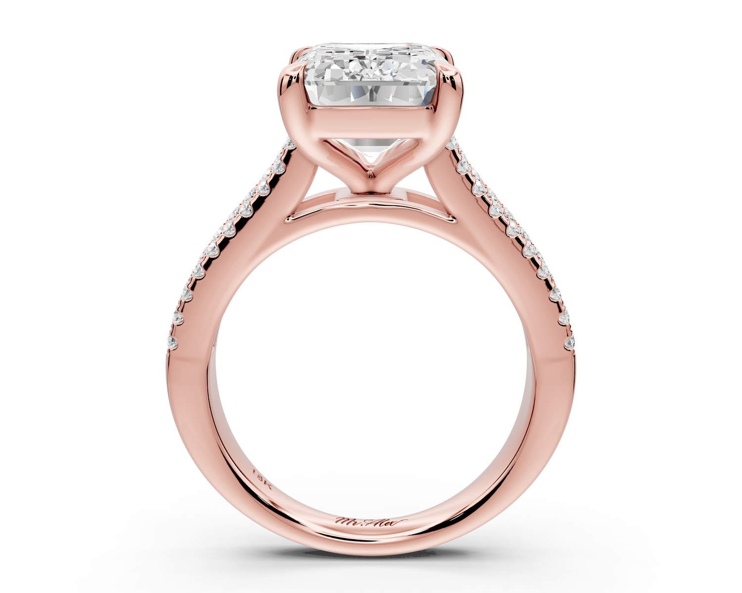 Estelle - 5ct 14k rose gold emerald diamond with emerald and round cut accent stones half band cathedral engagamengt ring