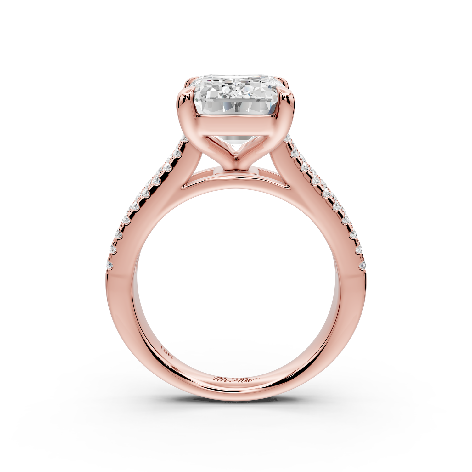 Estelle - 5ct 14k rose gold emerald diamond with emerald and round cut accent stones half band cathedral engagement ring