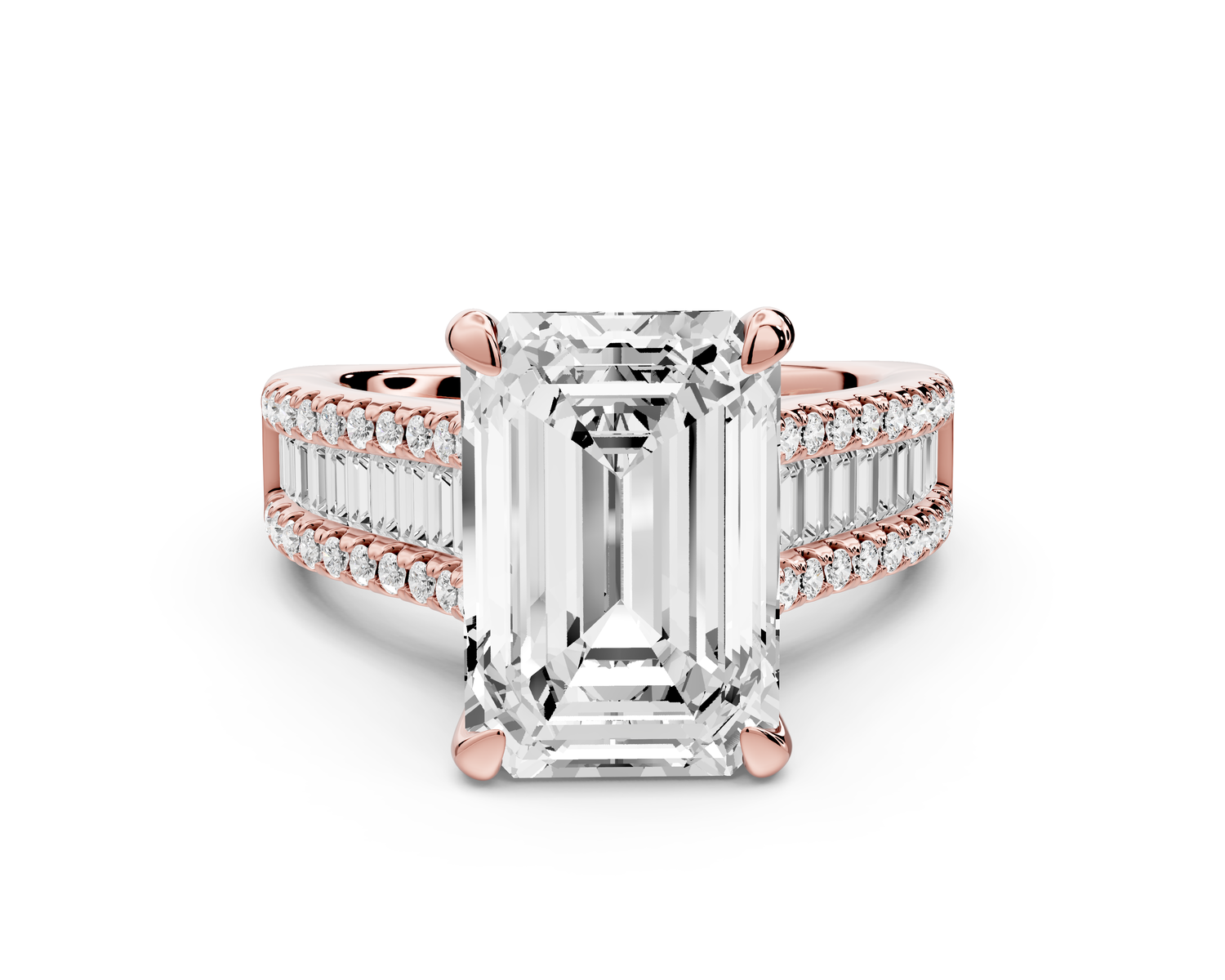 Estelle - 5ct 14k rose gold emerald diamond with emerald and round cut accent stones half band cathedral engagamengt ring