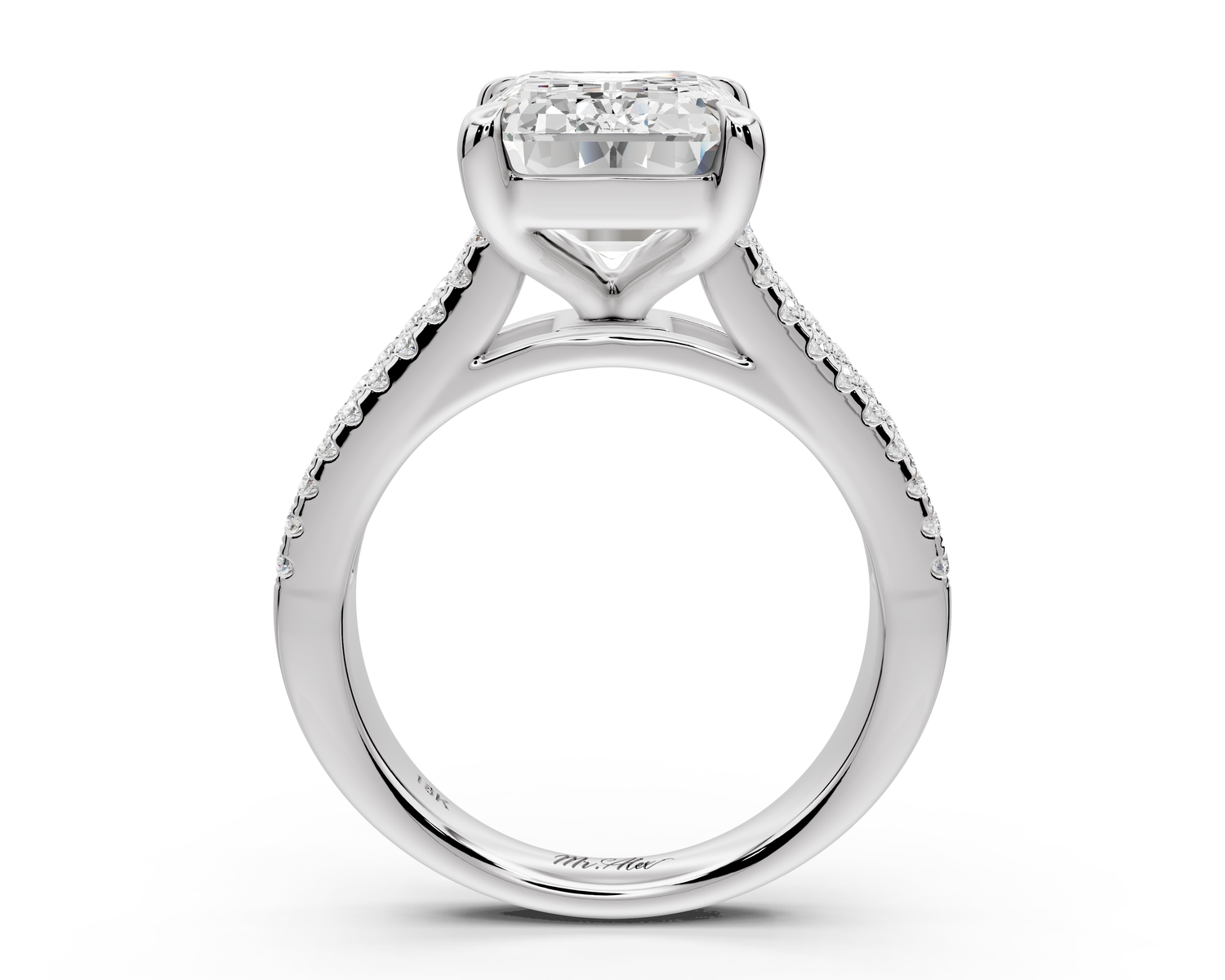 Estelle - 5ct 14k white gold emerald diamond with emerald and round cut accent stones half band cathedral engagement ring