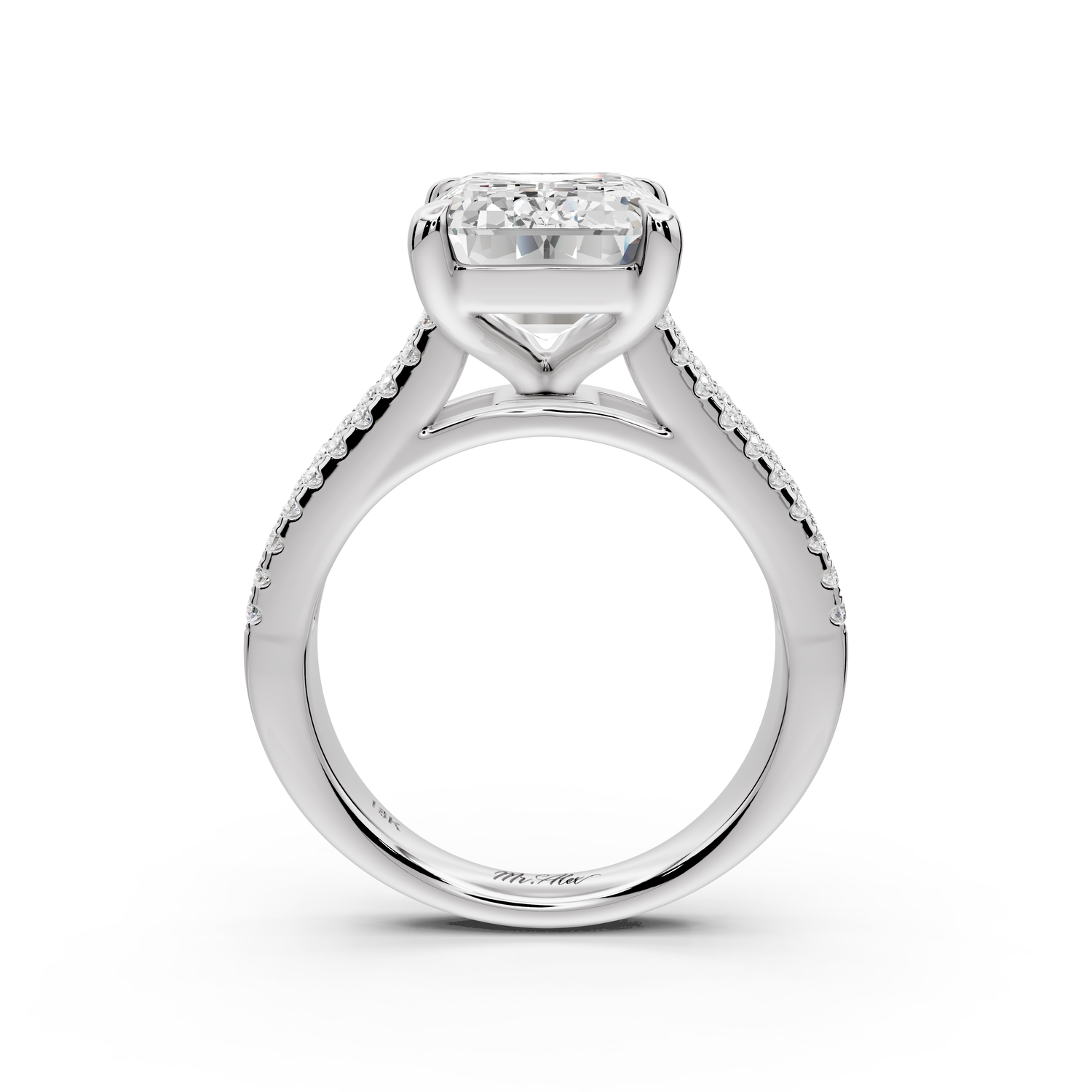 Estelle - 5ct 14k white gold emerald diamond with emerald and round cut accent stones half band cathedral engagement ring