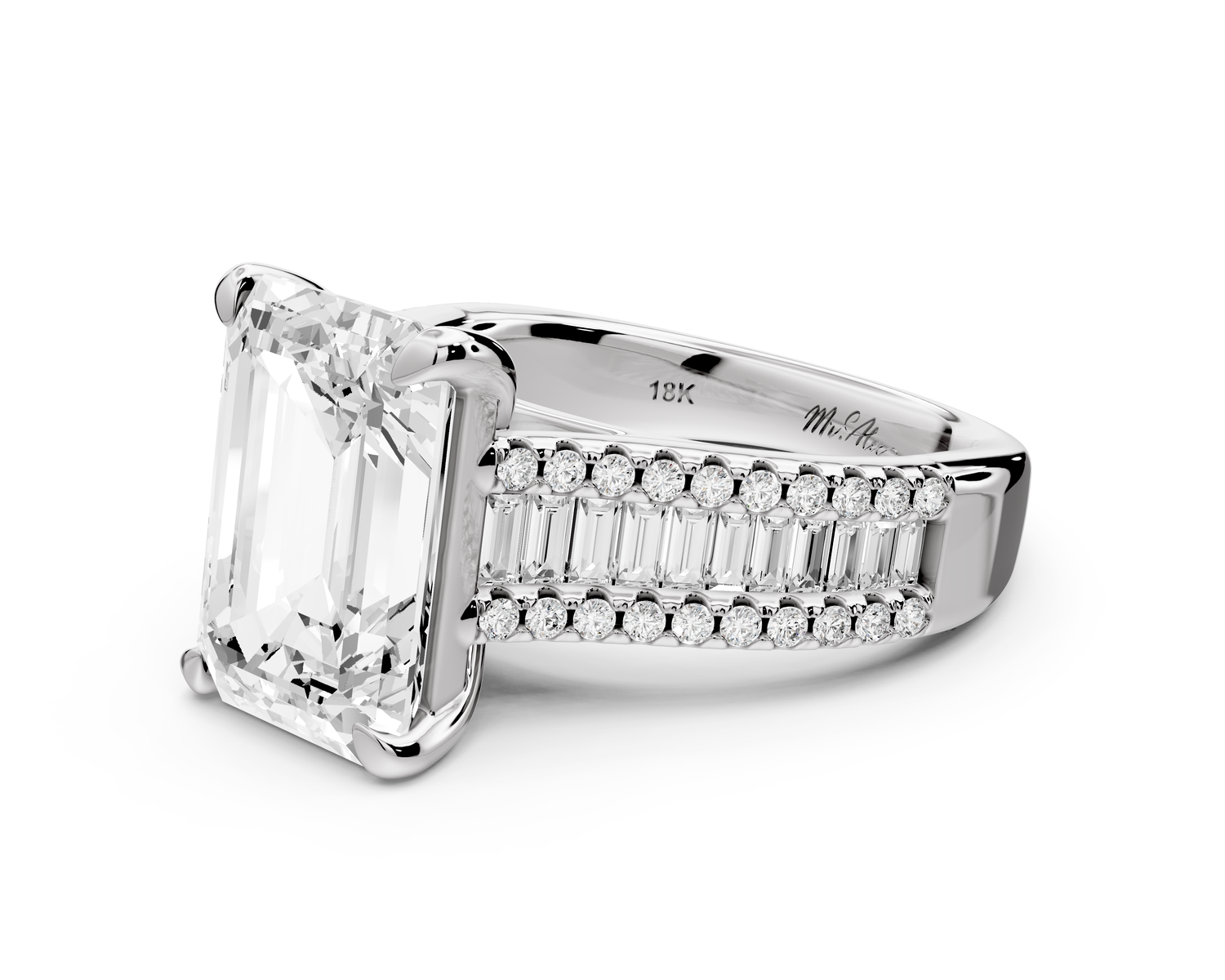 Estelle - 5ct 14k white gold emerald diamond with emerald and round cut accent stones half band cathedral engagement ring